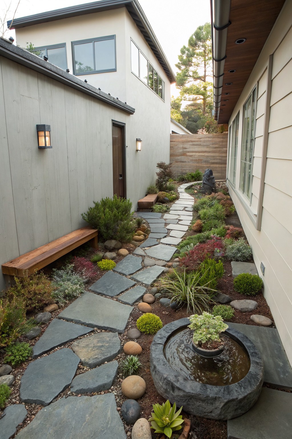 Narrow outdoor pathway of irregular dark stone slabs winding through gravel, succulents, rocks, and a central stone basin fountain with a plant, flanked by wooden buildings and a bench.