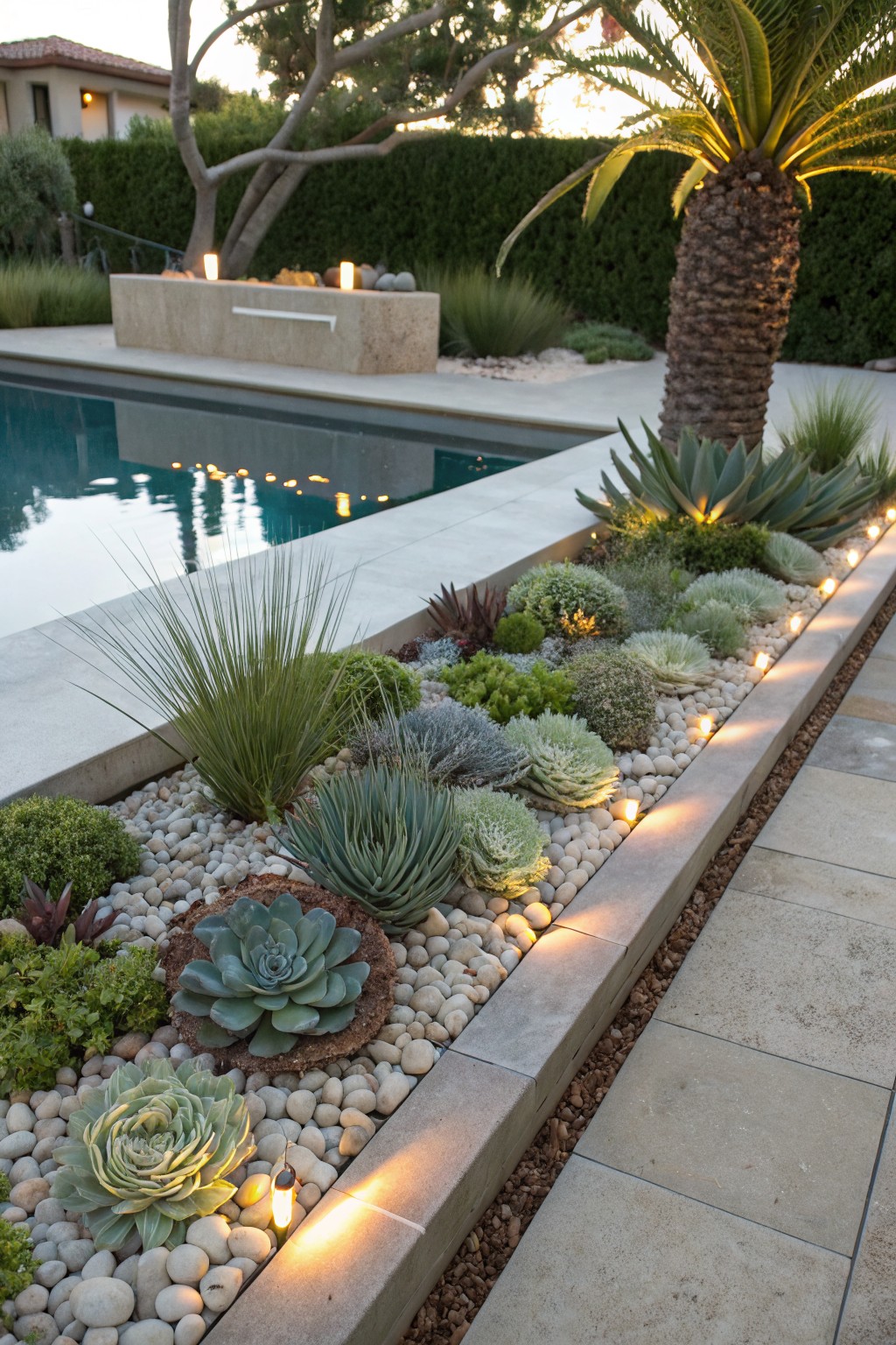 Raised stone bed along a pool edge filled with succulents including agave and echeveria, white pebbles, and integrated LED lights, with a palm tree and house in the background.