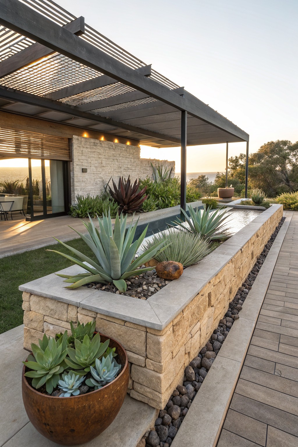 Raised stone planters along a paver path filled with succulents including agave plants and gravel mulch, next to a modern house exterior with a wooden pergola and landscaping at sunset.