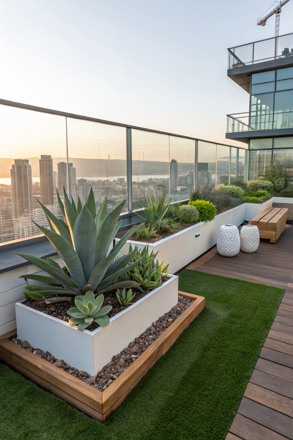 Rooftop terrace with white raised planters containing agave succulents and other plants, surrounded by wood frames and pebbles, artificial turf, a wooden bench, white textured pots, glass railings, and a city skyline at sunset.