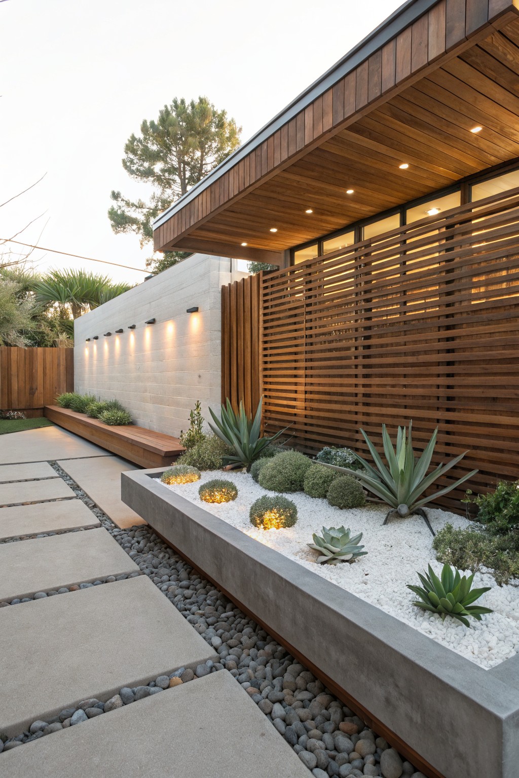 Side view of a modern house exterior with a concrete paver pathway edged in pebbles, a raised concrete planter filled with succulents and white gravel, a wooden bench against a white wall with recessed lights, and vertical wooden screens.
