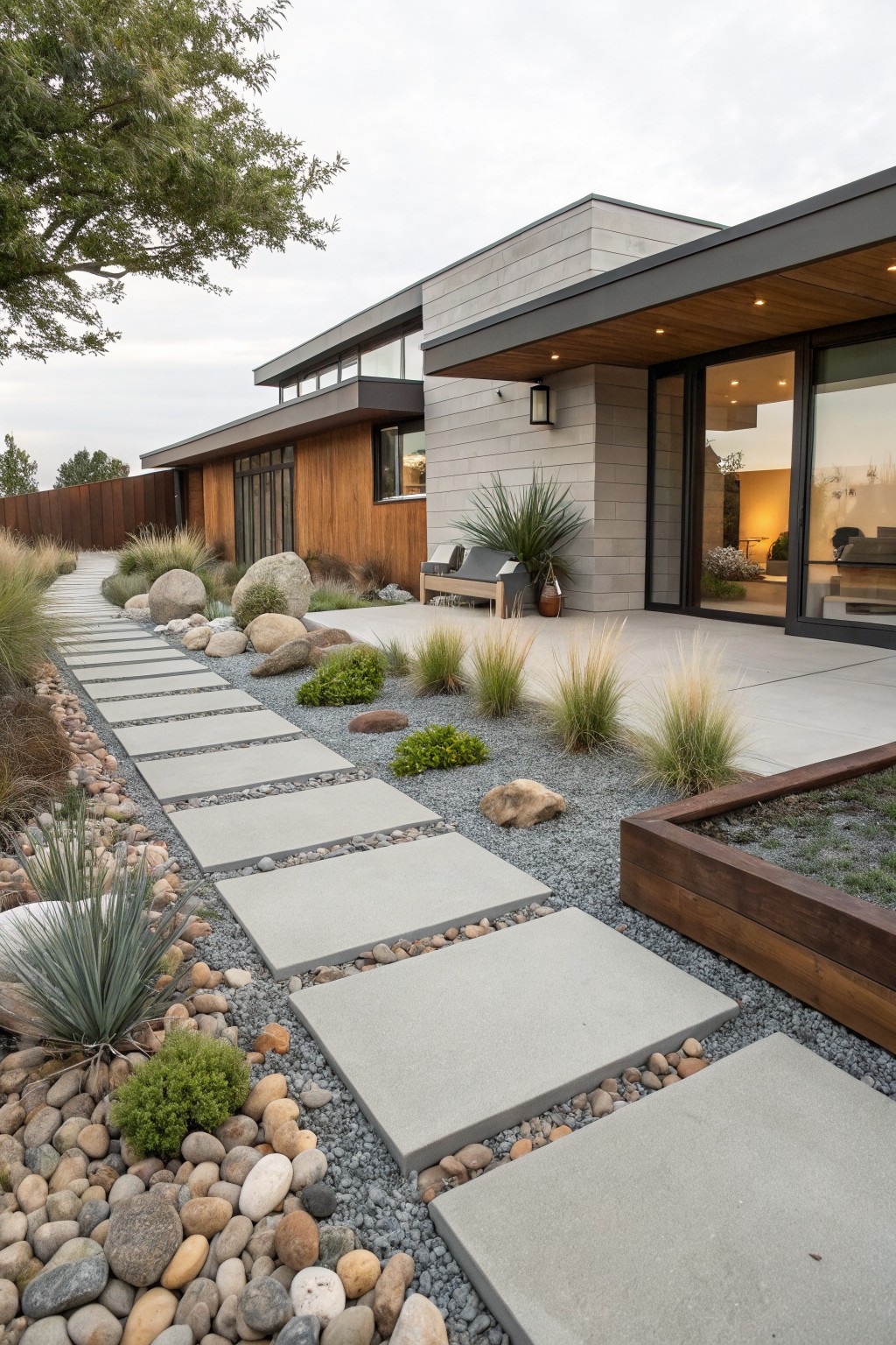 Modern house with gray siding and wood accents beside a concrete stepping stone path winding through a gravel garden bed with succulents, ornamental grasses, large boulders, and a wooden planter box.