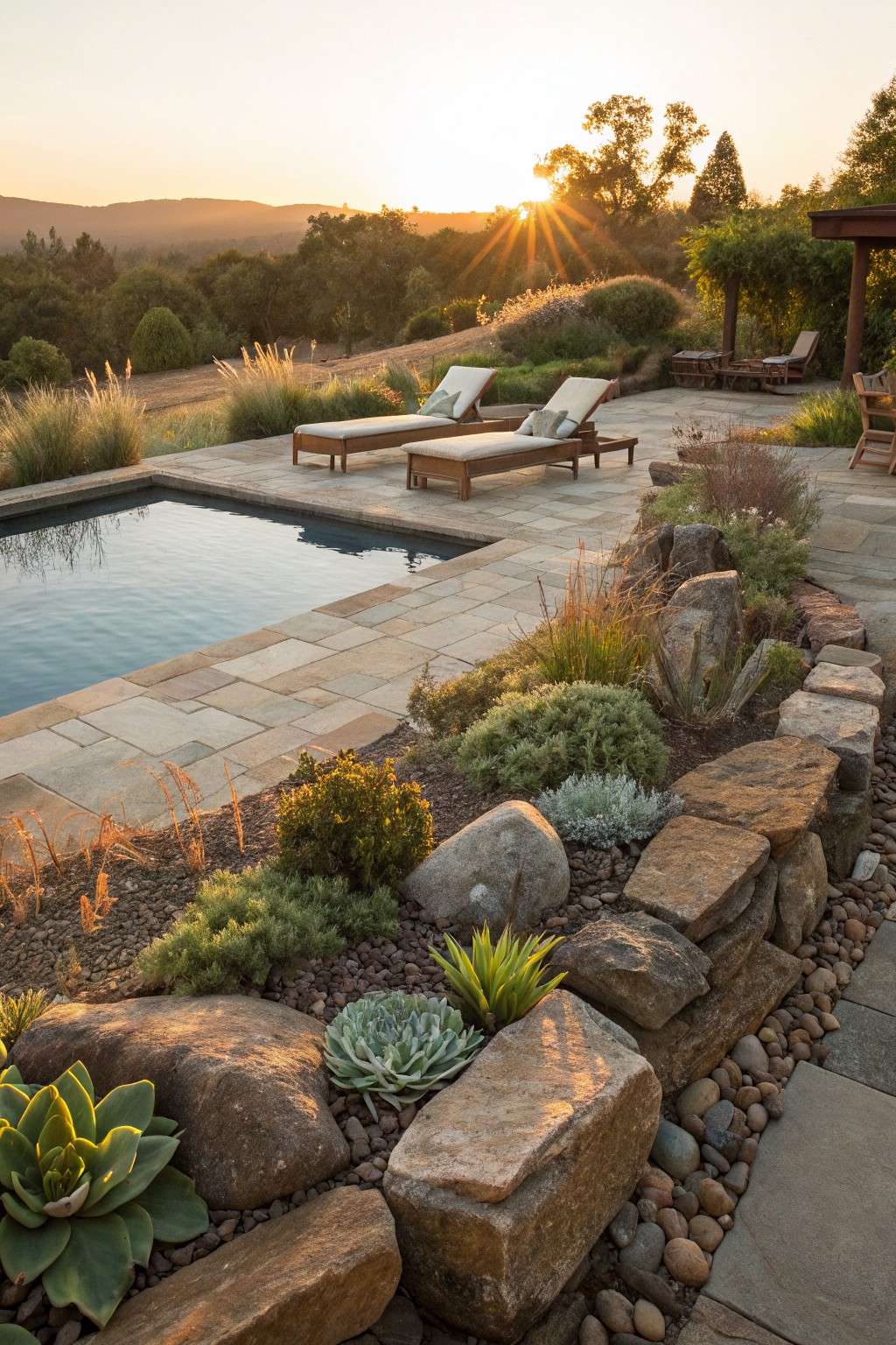 Poolside patio with two chaise lounges and potted plants near a rectangular pool, edged by a curved dry-stacked stone wall planted with succulents, grasses, and shrubs, viewed at sunset with hills and trees in the background.