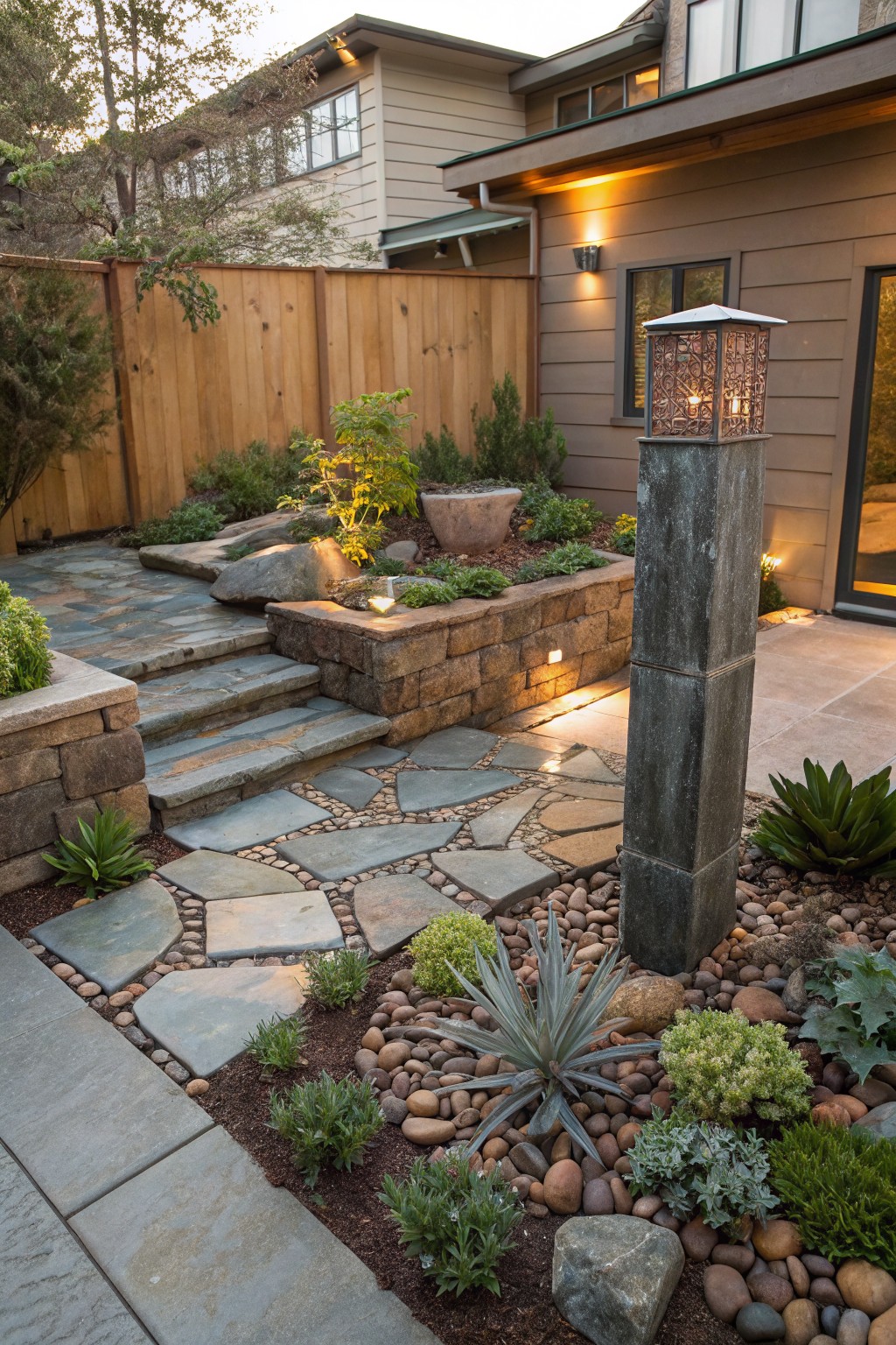 Backyard landscaping with flagstone steps and irregular paths weaving through gravel-mulched beds of succulents like agave, boulders, and low plants, next to a house with retaining walls and a stone pillar lantern.