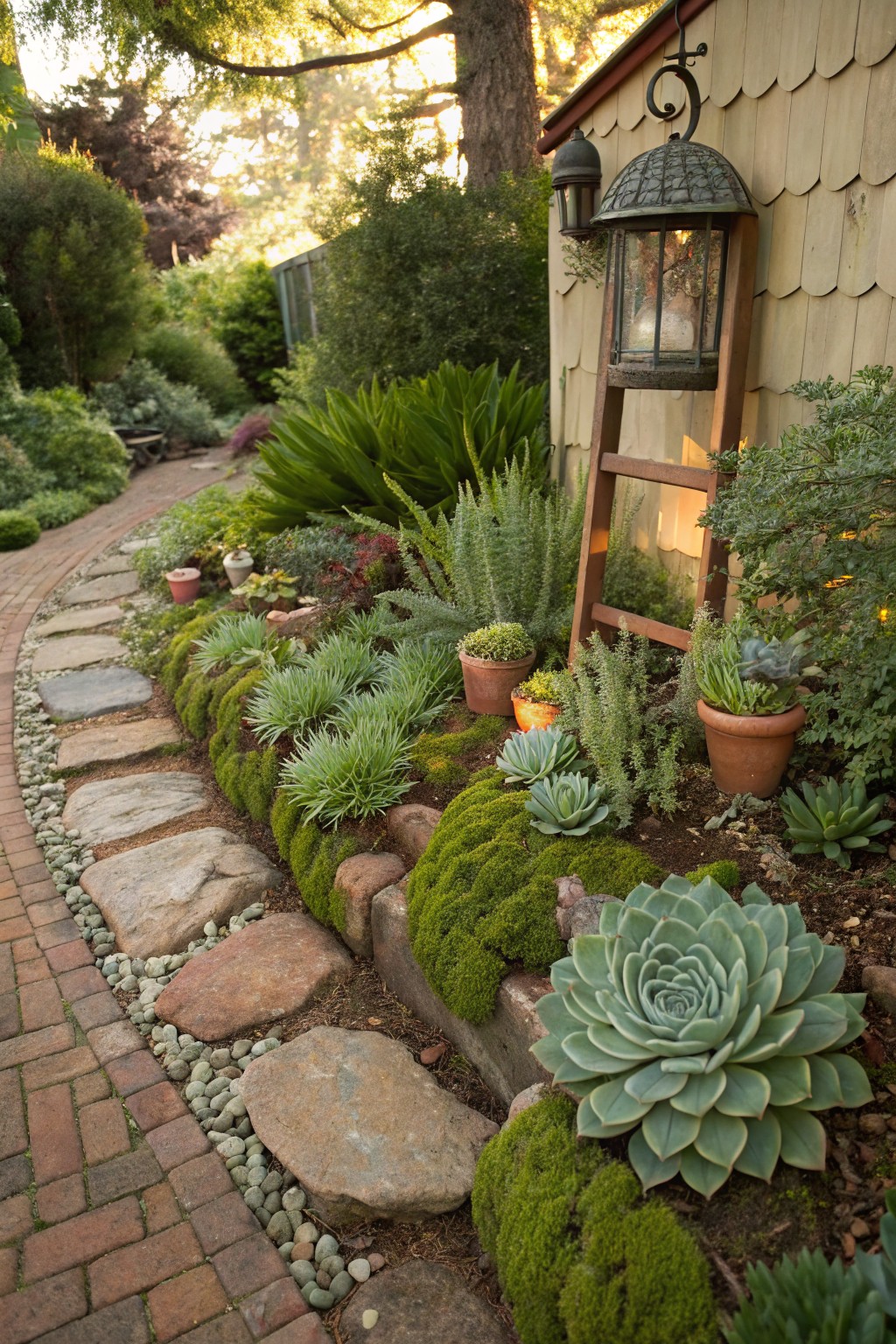 A brick path winds alongside raised flower beds edged with stones and gravel, planted with various succulents, moss, and boulders, backed by a wooden shed and garden lanterns.