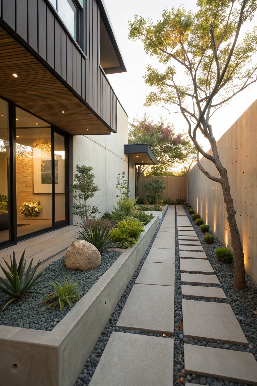 Modern house exterior with a concrete paver pathway lined by raised concrete-edged gravel beds planted with succulents, agaves, grasses, and a large boulder, adjacent to a wooden fence and tree.