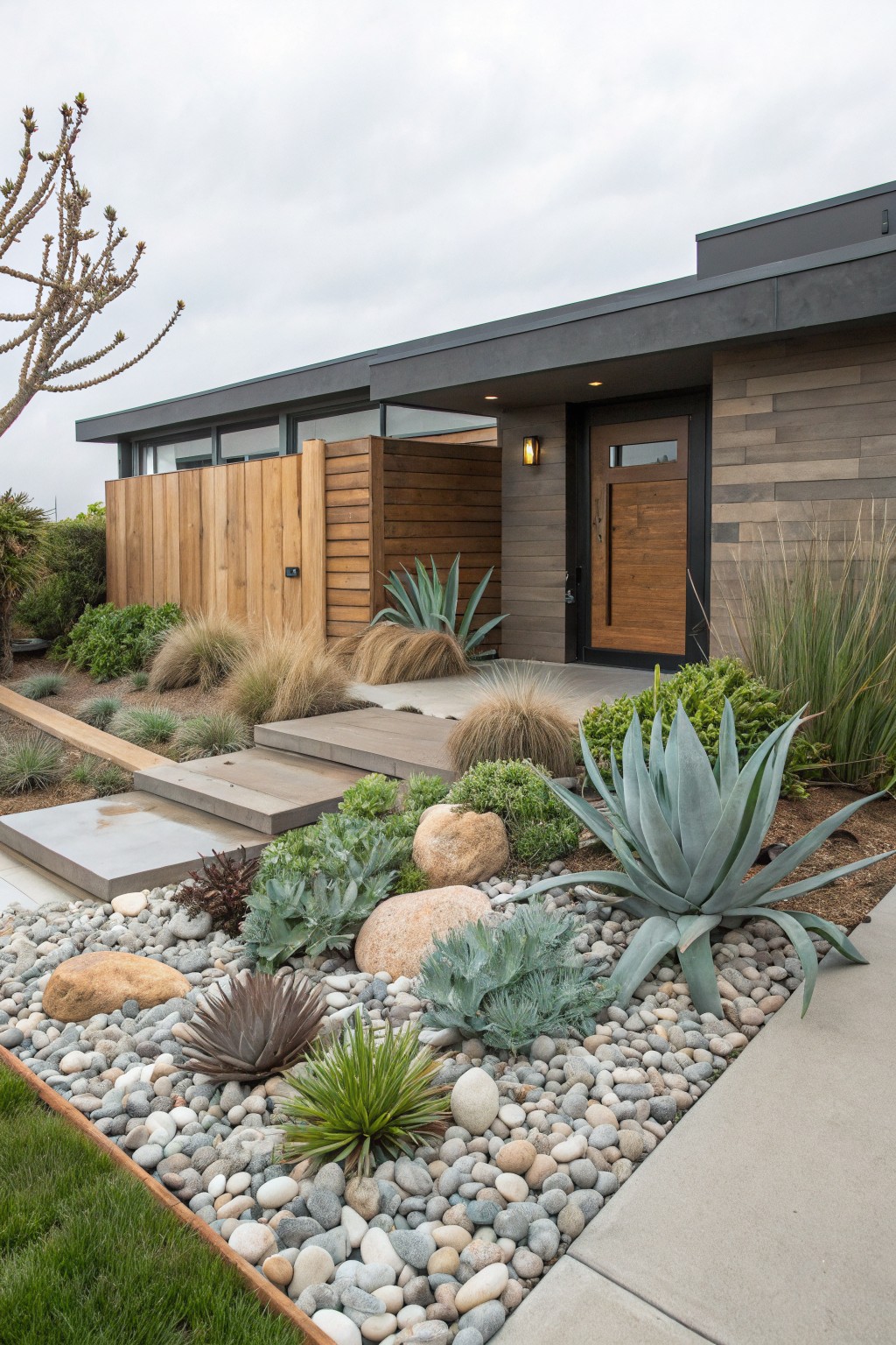Modern single-story house with dark wood siding, glass entry door, and concrete steps leading to a front yard landscaped with agave plants, grasses, succulents, boulders, and white pebbles in curved beds edged by lawn.