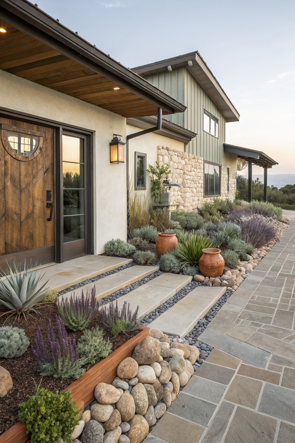 House entrance with wooden door and sidelight, stone pathway edged by succulent, lavender, and agave plantings in rock-filled beds with wood borders and large boulders.