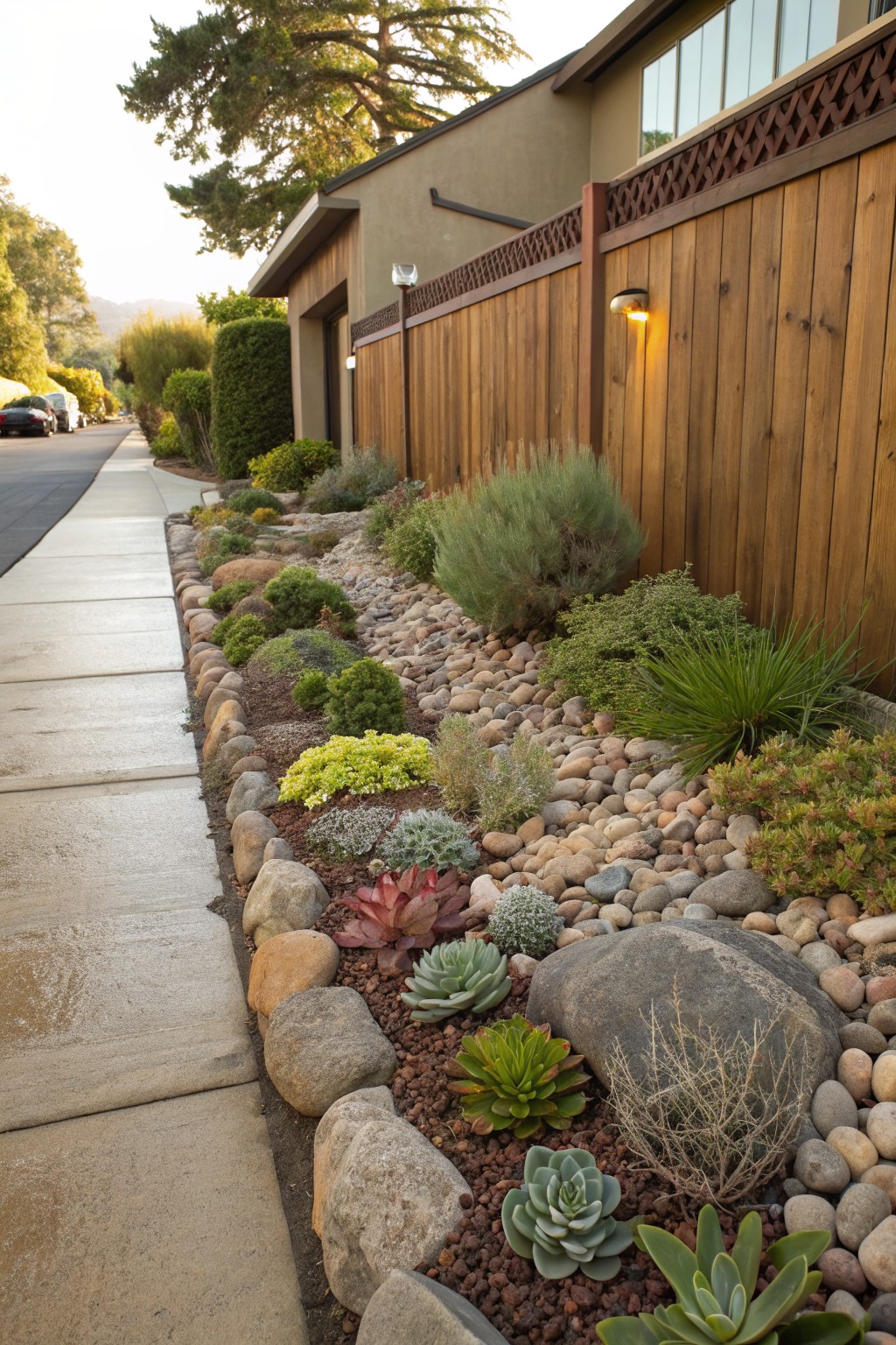 Sidewalk-edged flower bed with layered succulents, gravel, river rocks, and boulders next to a wooden fence and beige house exterior under trees.