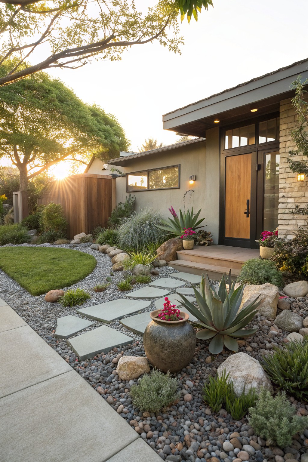 Curved stone pathway leading to a modern house entrance, bordered by gravel mulch, large boulders, agave plants, succulents, and low shrubs in a rock garden bed.