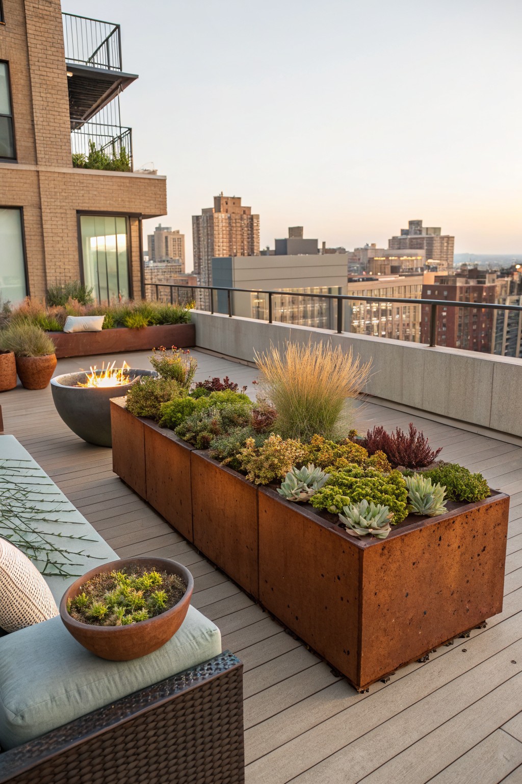Rooftop terrace with corten steel trough planters overflowing with succulents, a round concrete fire pit, woven outdoor sofa, and city buildings in the background at sunset.