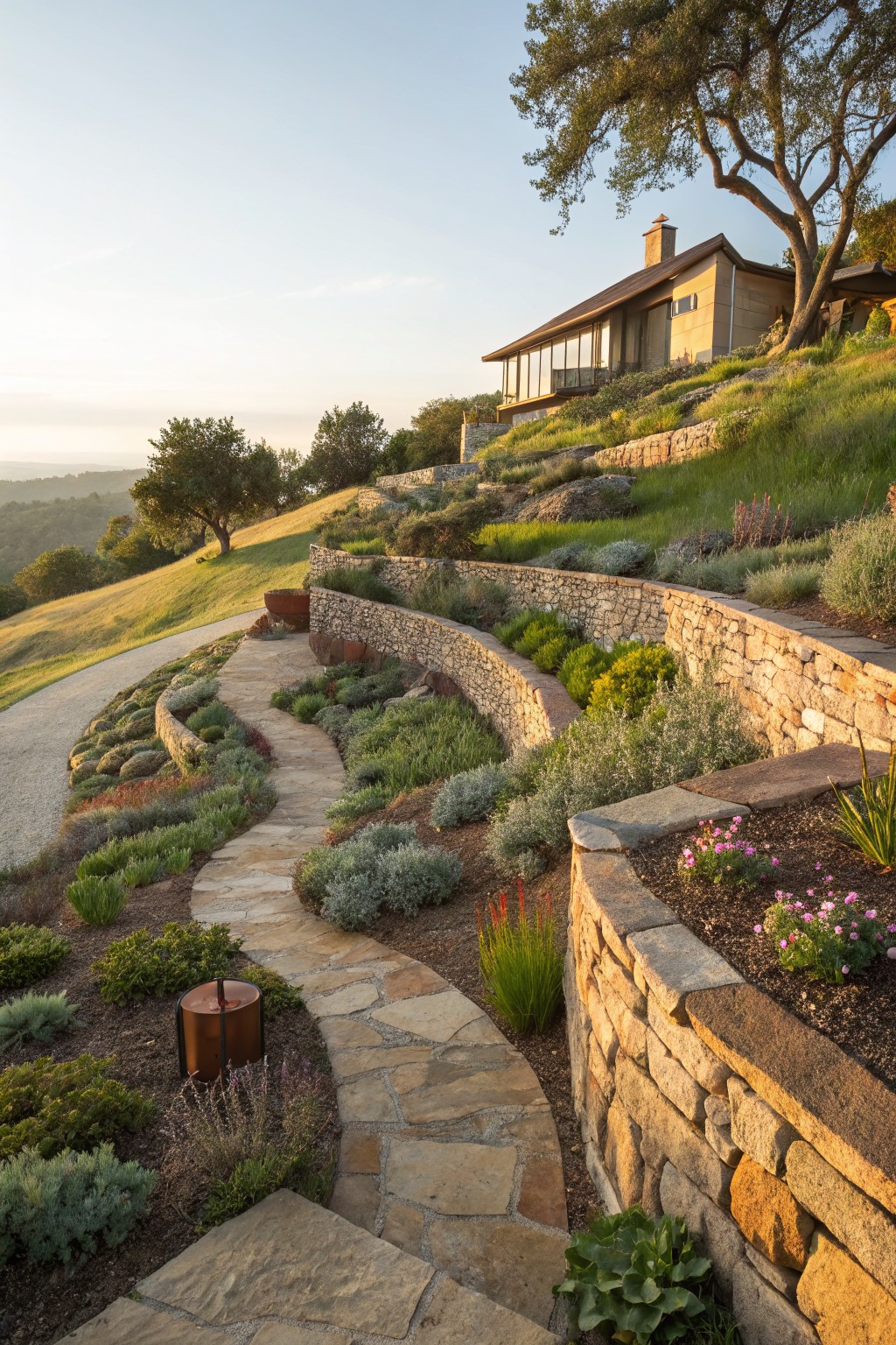 Modern hillside home with stone pathway and lush landscaping at sunrise.