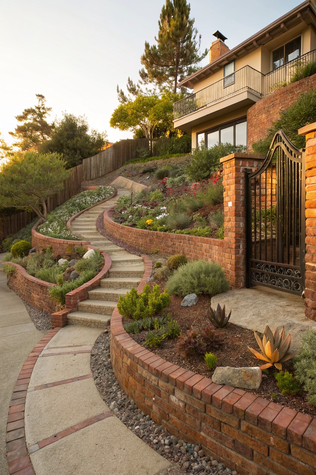Hillside garden with curving concrete steps edged by brick retaining walls filled with succulents, rocks, and low plants, leading up to a house and wrought iron gate.
