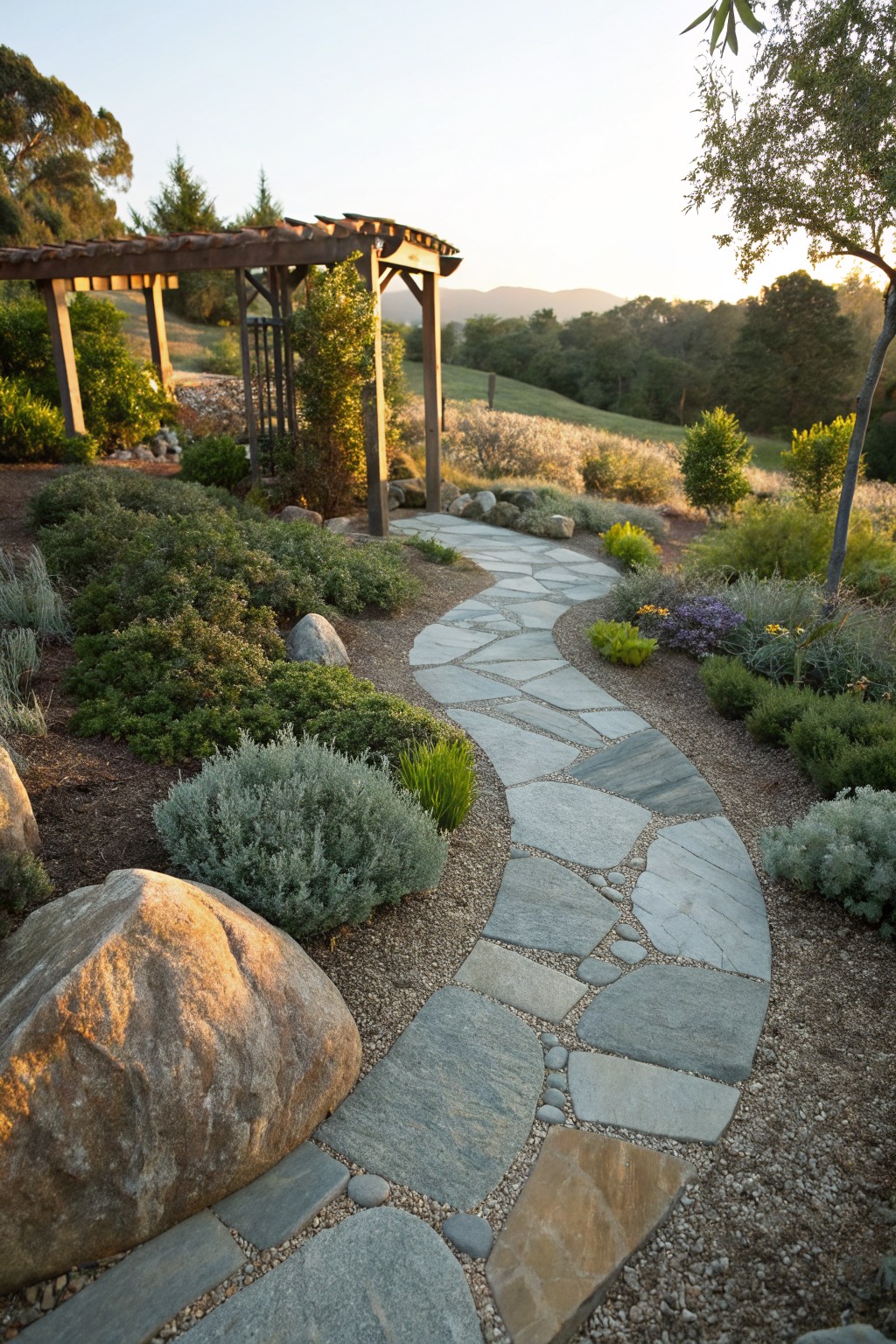 Winding path of irregular gray flagstone slabs curves through a gravel garden bed with large boulders, low green shrubs, succulents, and colorful flowers, near a wooden pergola on a hillside at sunset.