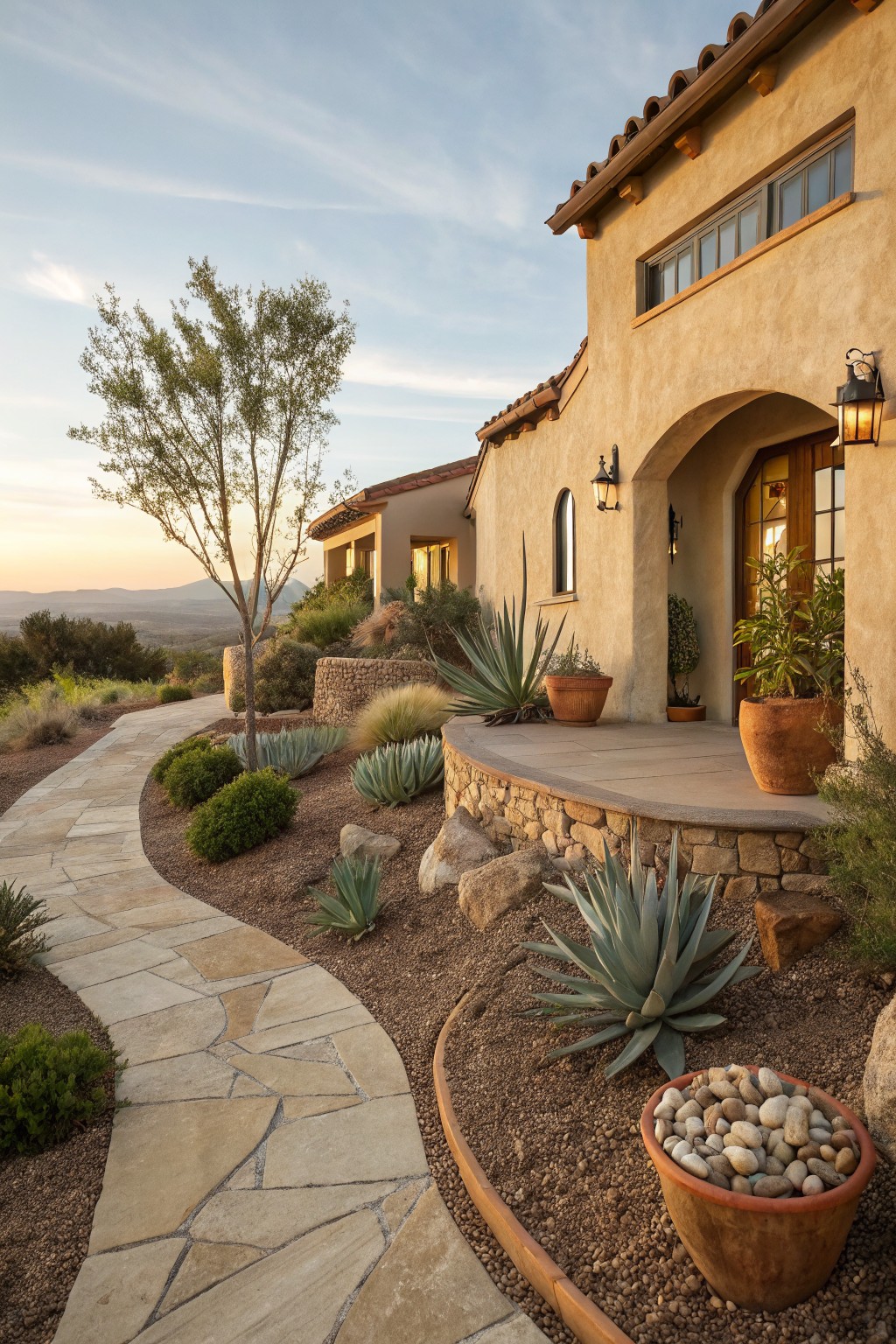 Beige stucco house with red tile roof, arched wooden entry door, and lanterns, approached by curving flagstone path winding through gravel beds with agave succulents, rocks, stone walls, and potted plants in a desert landscape at sunset.