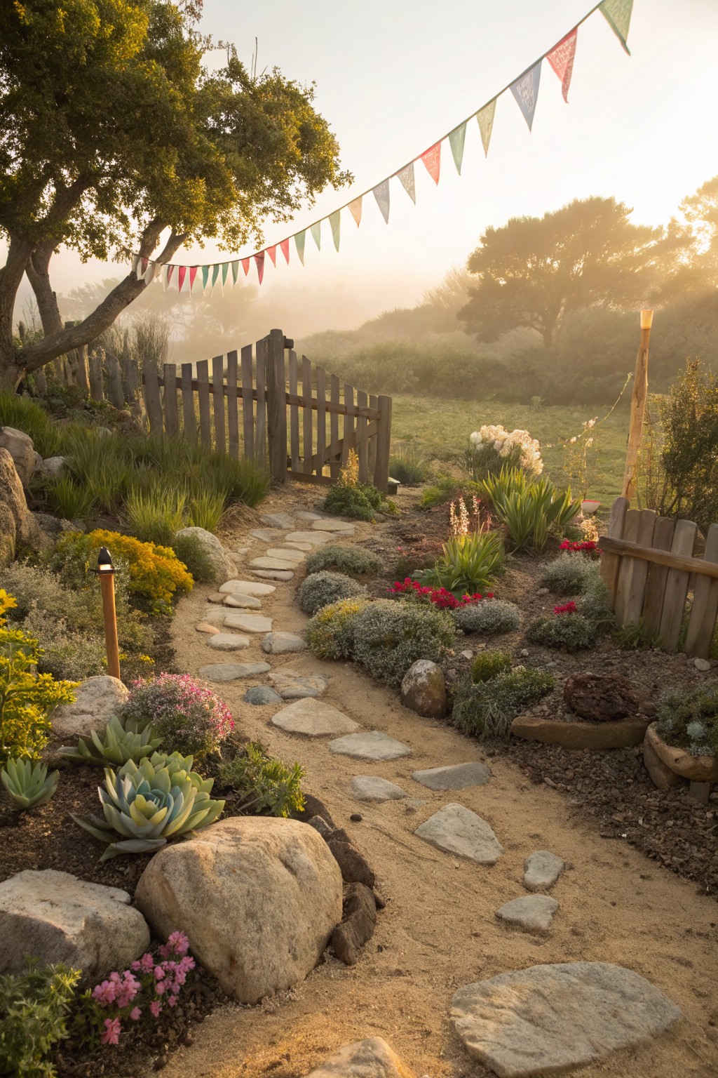 A winding flagstone path through a garden bed with succulents, agaves, flowers, large rocks, and low shrubs, bordered by wooden fences and gates near trees with colorful bunting overhead in morning light.