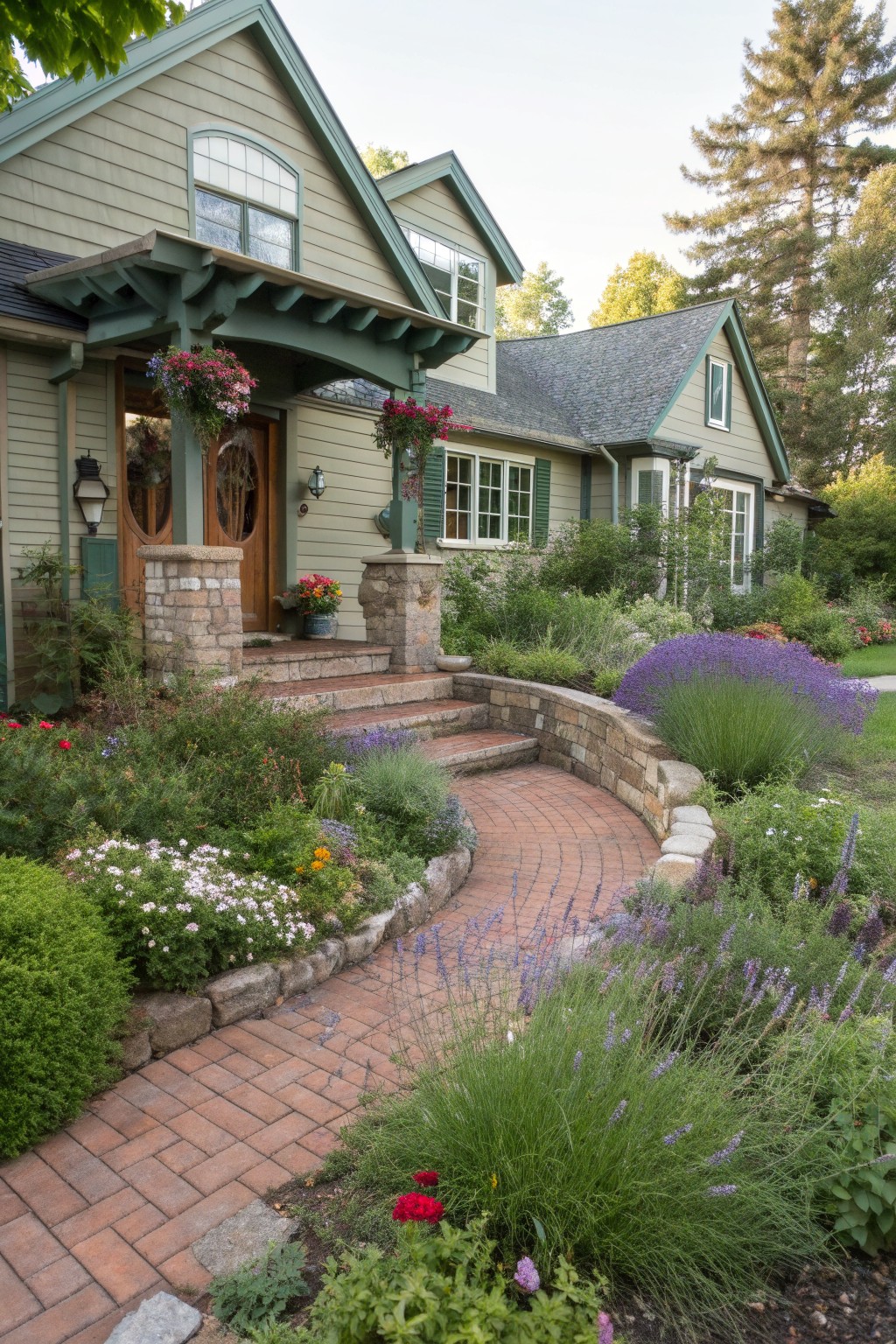 Sage green Craftsman-style house with gabled roof, wooden double doors under a porch, and curved red brick path with steps leading through stone-edged garden beds of lavender, grasses, flowers, and shrubs.