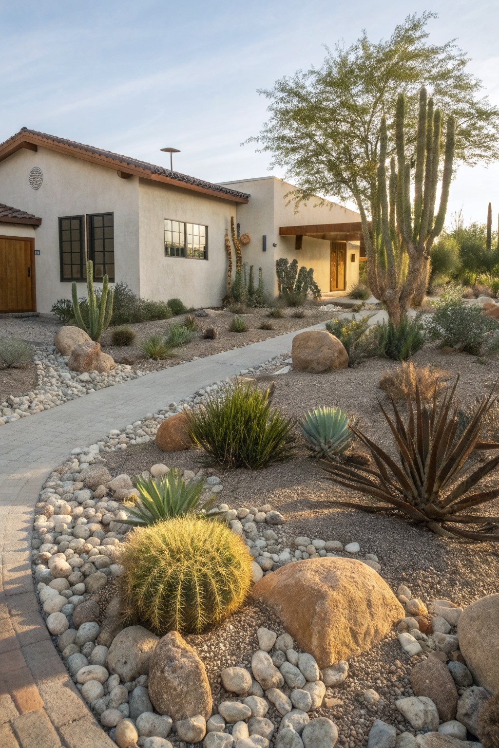 Beige stucco house with tiled roof beside a curving concrete paver pathway through gravel beds, large boulders, and drought-tolerant plants including cacti, agaves, and succulents in a desert front yard.