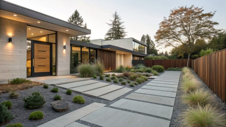 18 Refreshing No Grass Front Yard Landscaping Ideas That Still Feel Green Modern house entry with wide concrete stepping stone pathway set in gravel, lined by succulents, grasses, boulders, and wooden planters next to a wooden fence.