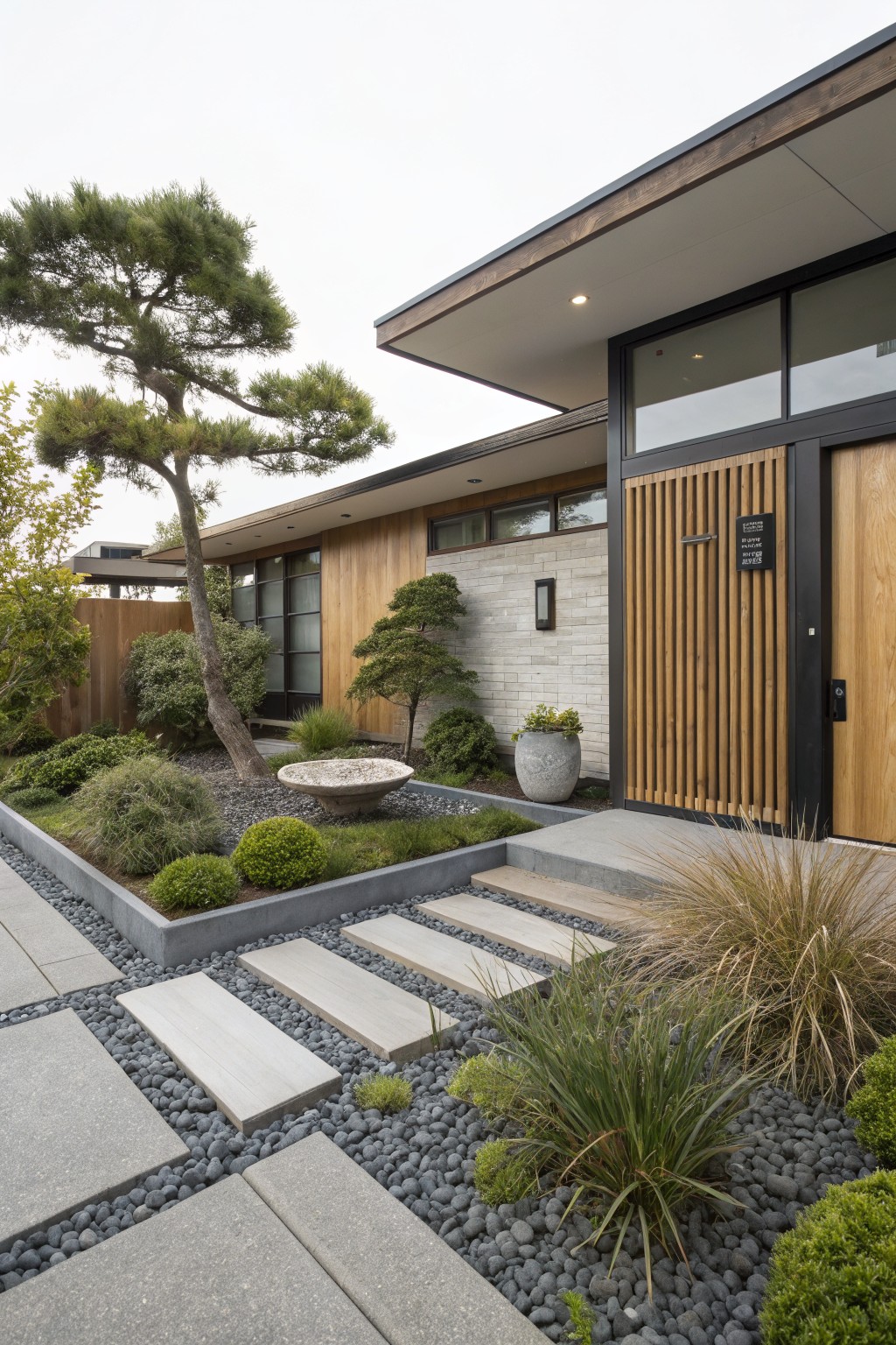 Modern wood-clad house exterior featuring a gravel front yard with large rectangular stepping stones, raised planting beds containing grasses and bonsai trees, and a wooden entry door with vertical slats.