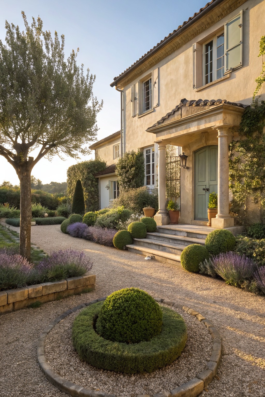 Beige stucco house with tiled roof and green front door, approached by a curved gravel path edged with lavender beds, boxwood spheres, and stone borders in a no-grass front yard.