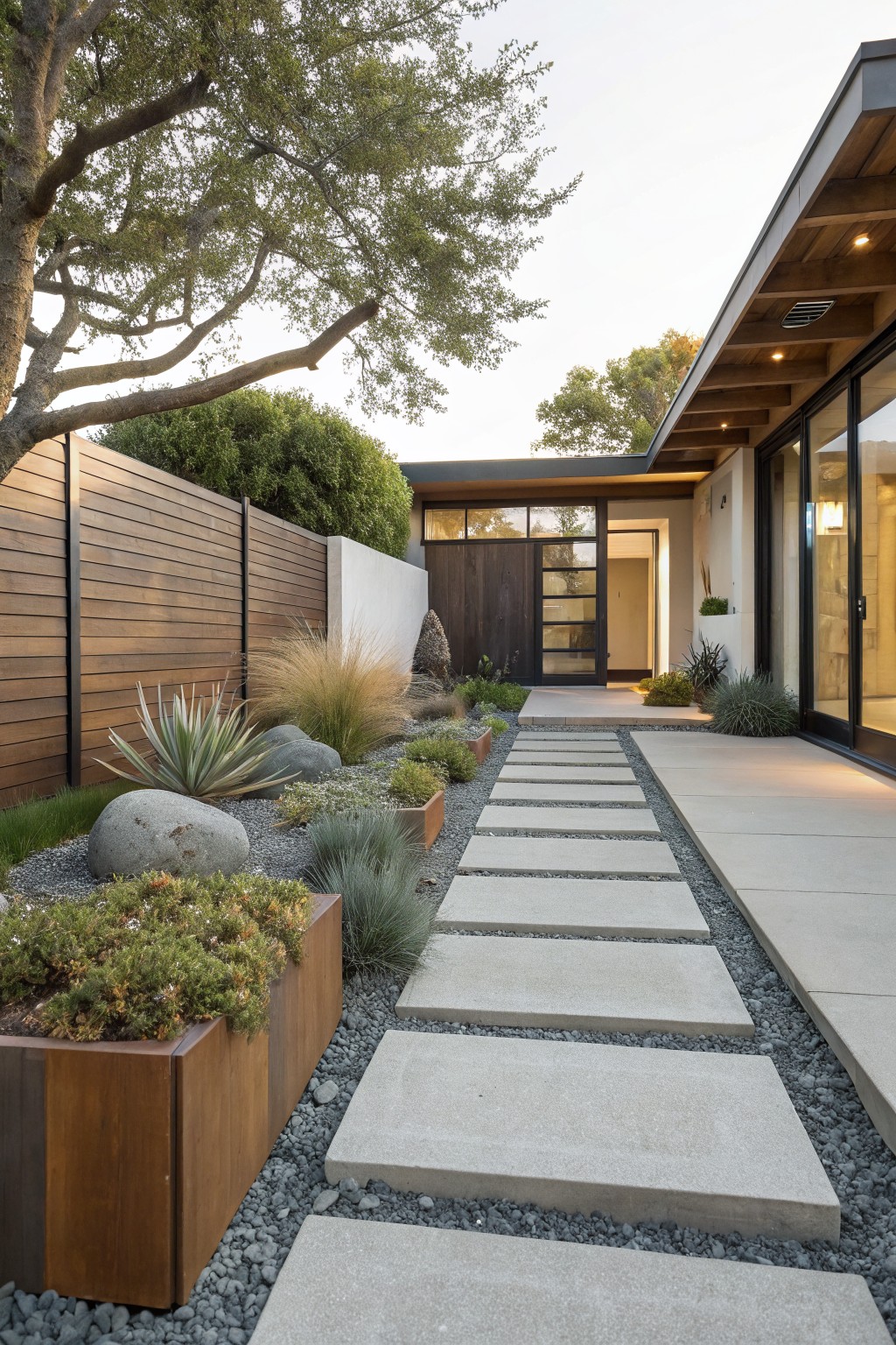 Modern house entry with wide concrete stepping stone pathway set in gravel, lined by succulents, grasses, boulders, and wooden planters next to a wooden fence.
