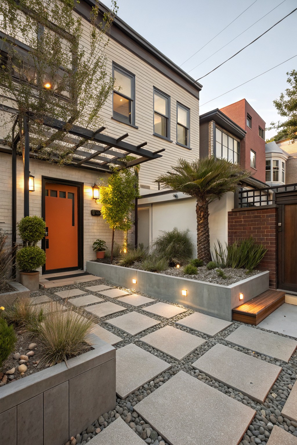 Front exterior of a beige house with orange door, gravel yard featuring large square concrete pavers forming a pathway, raised concrete planters filled with grasses and succulents, palm trees, and low-voltage path lights.
