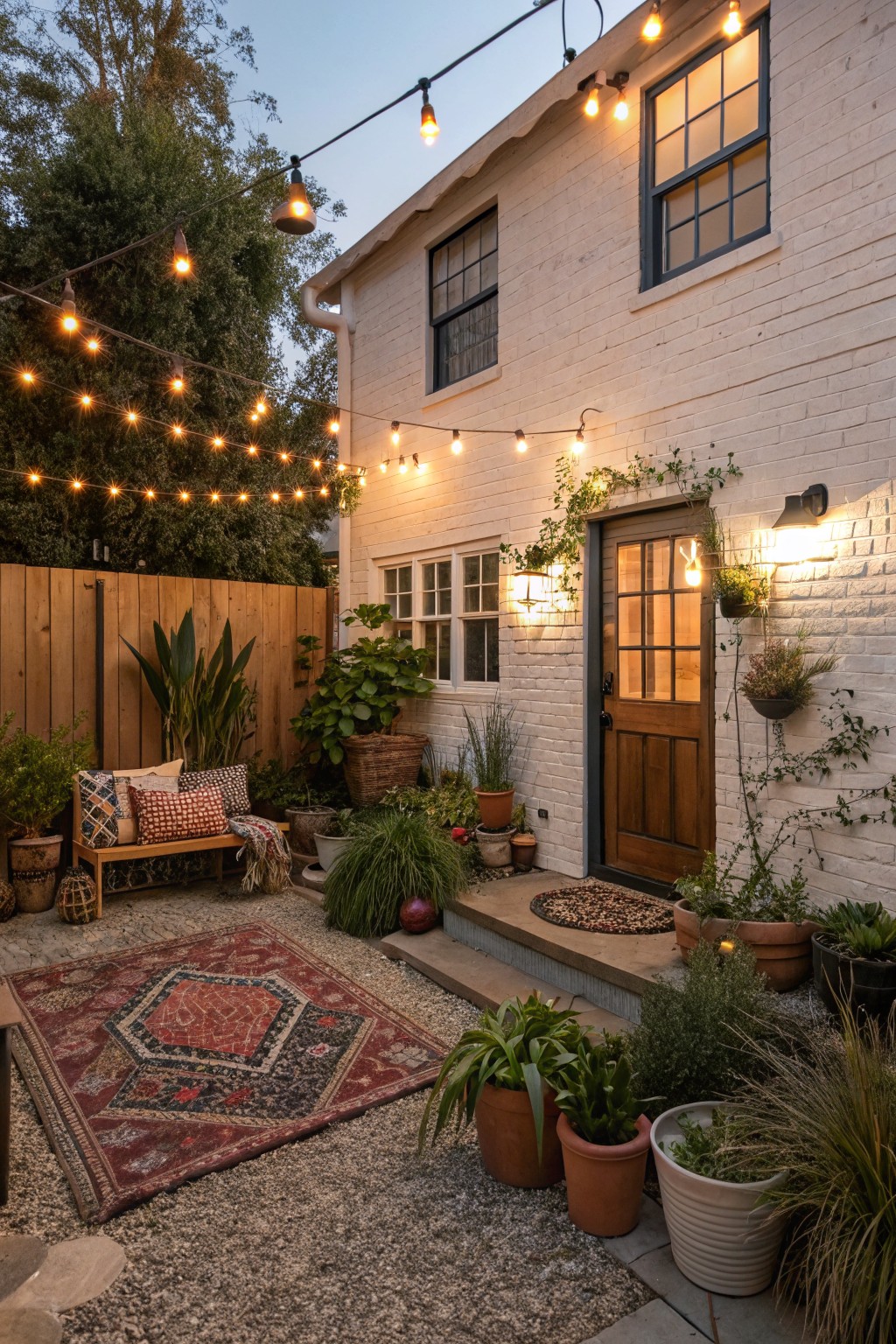 White brick house wall with wooden door and windows, gravel ground covered in patterned rug and surrounded by numerous potted plants in various sizes and shapes, wooden bench with pillows and blanket, string lights overhead, wooden fence, and plants hanging from wall at evening with warm lighting.