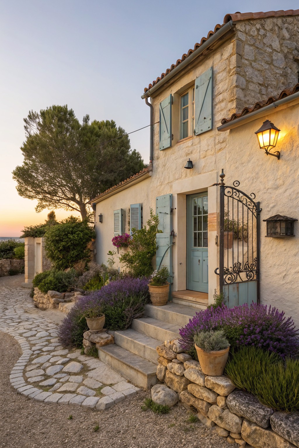 Stone house with beige walls, blue shutters and door, fronted by a curved pebble path edged in lavender plants and low stone retaining walls on a gravel yard.