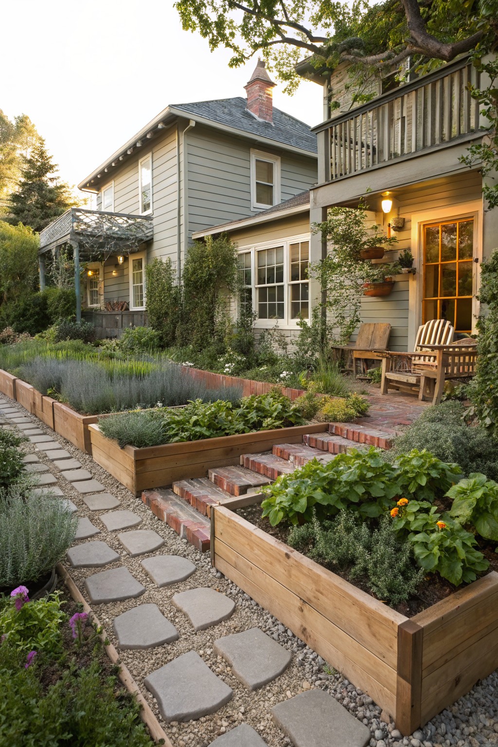 Stone paver pathway lined with wooden raised garden beds filled with herbs, vegetables, and flowers, leading to a porch with wooden chairs beside a light gray house with greenery.