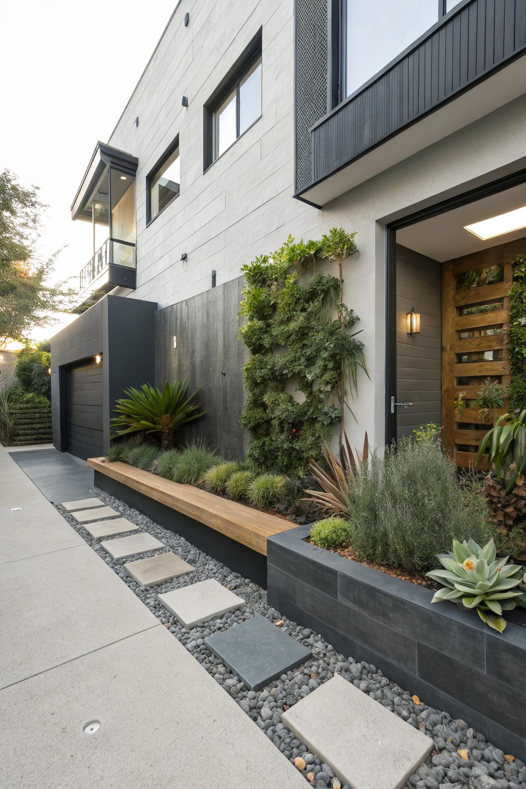 Modern house side exterior with light gray and dark gray panels, black garage door, slatted wood entry screen, concrete driveway edged by wooden bench atop black raised planter bed with agave succulent, grasses, and gravel ground cover with square stepping stone path.