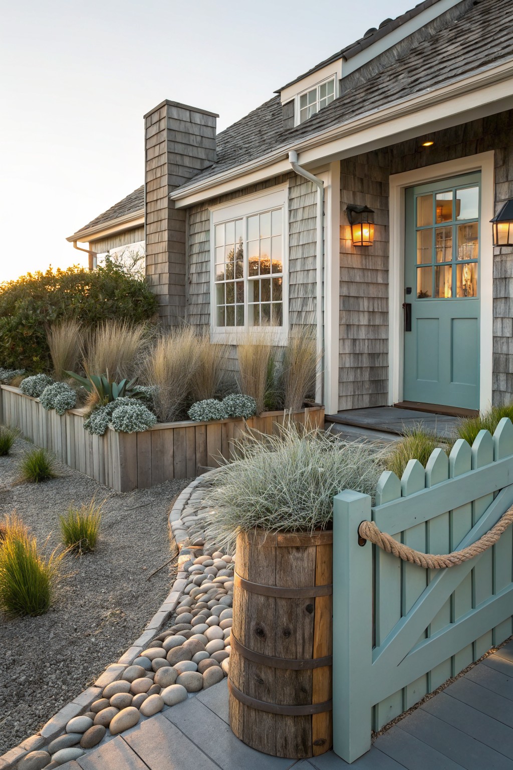 Shingle-style house exterior with teal front door and lanterns, surrounded by raised wooden planters filled with ornamental grasses and succulents, gravel ground cover, curving pebble path, and small green picket fence.