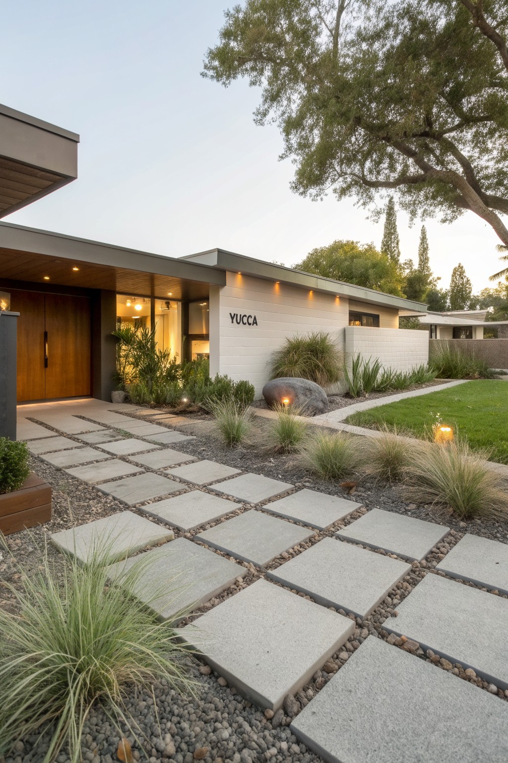 Modern white stucco house with wooden double doors, flanked by a pathway of large square gray concrete pavers set into gravel, surrounded by ornamental grasses, yucca plants, and a large lit boulder in the front yard.