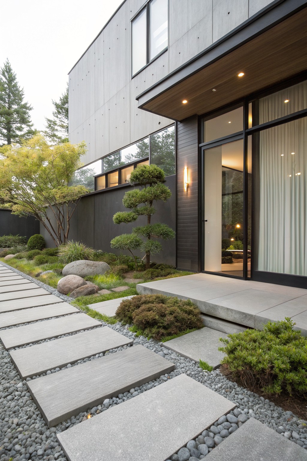 Modern gray house exterior with large rectangular concrete pavers set in gravel forming a pathway through low green plants, rocks, and trees leading to a glass entry door.