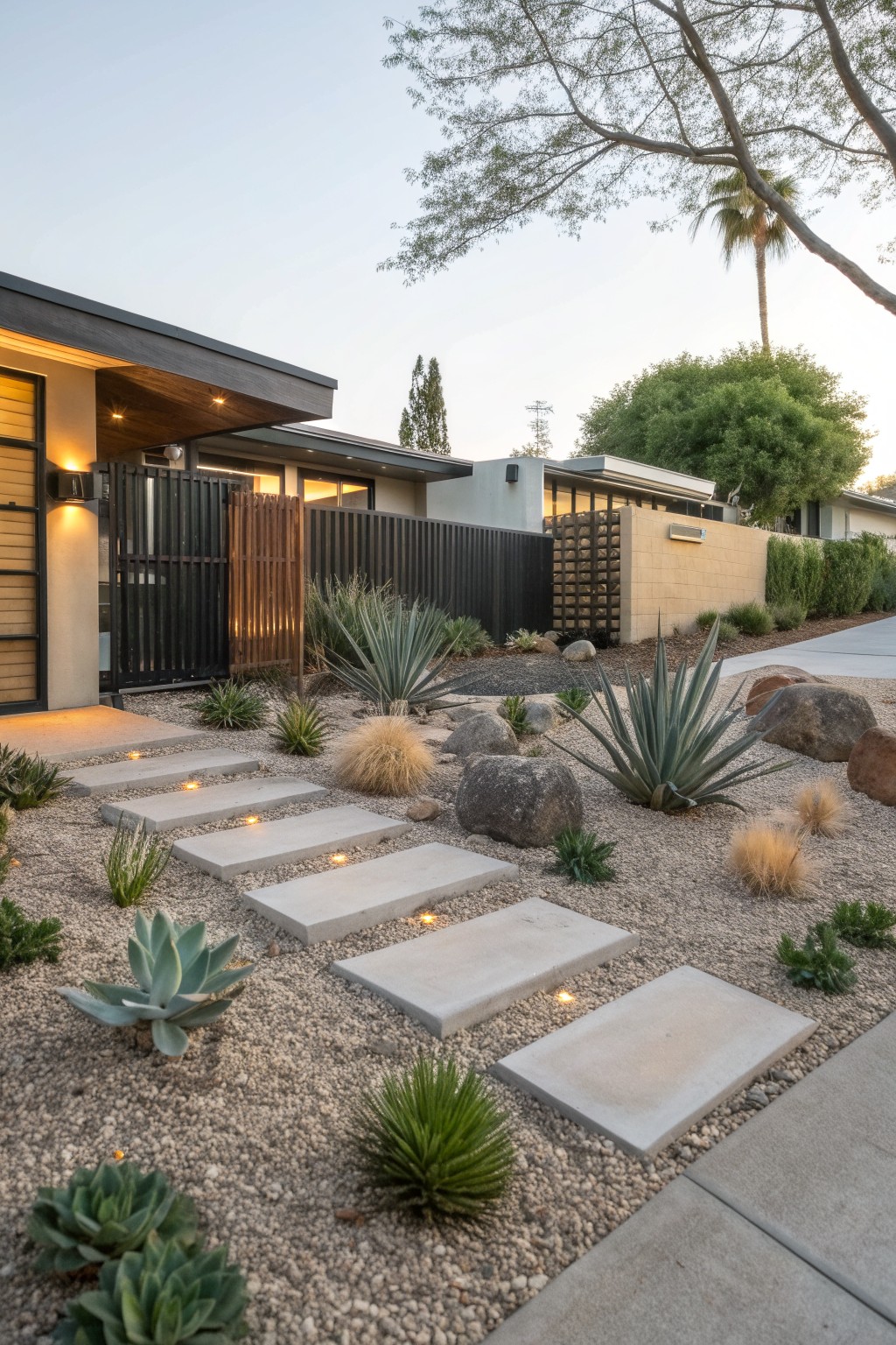 Front yard landscaping with gravel mulch, drought-tolerant succulents and agaves, large rocks, and illuminated concrete stepping stone path leading to a modern house entry gate and fence.