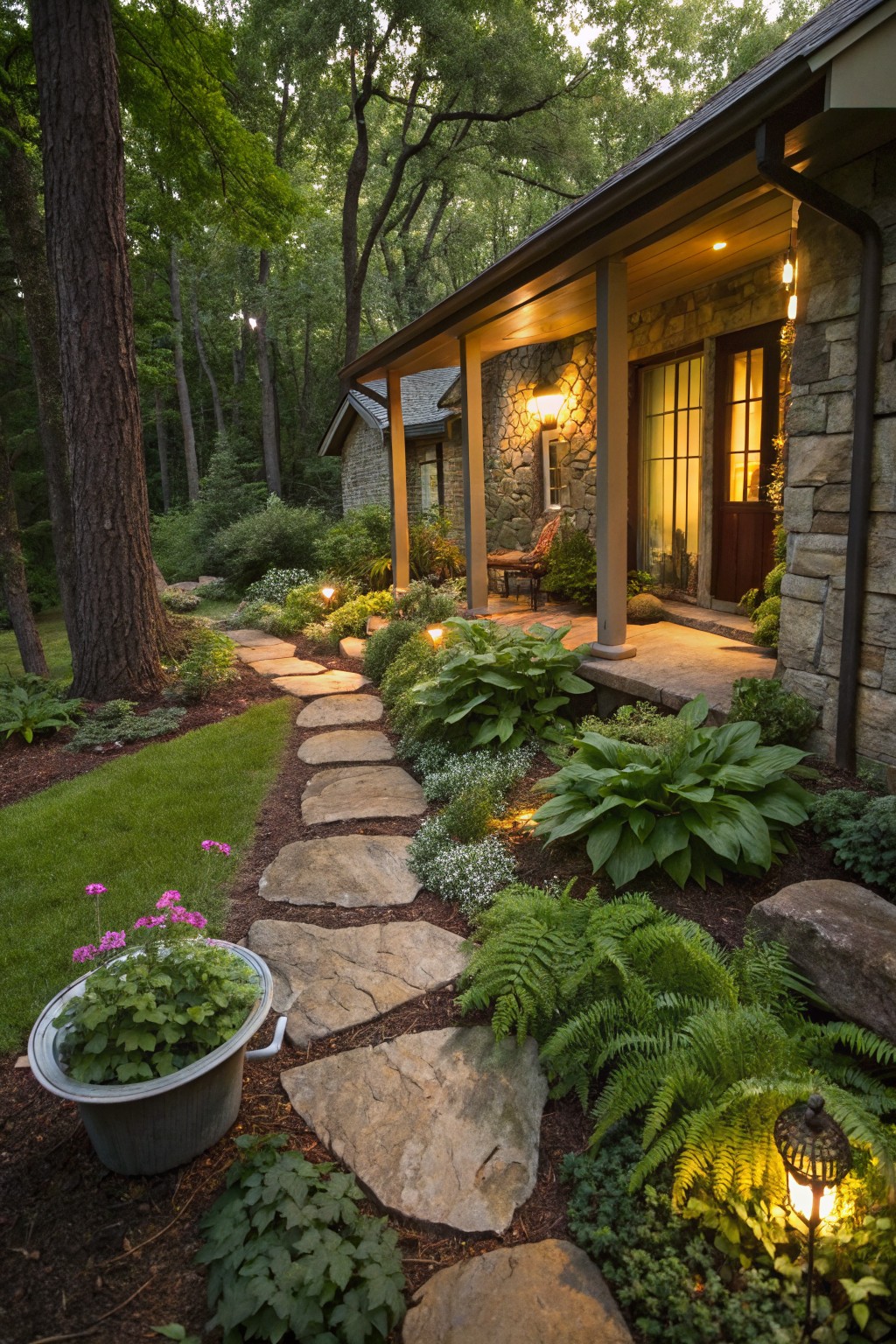 Flagstone path winding through landscaped beds filled with hostas, ferns, and other green plants leading to a stone house porch with lighting at dusk.