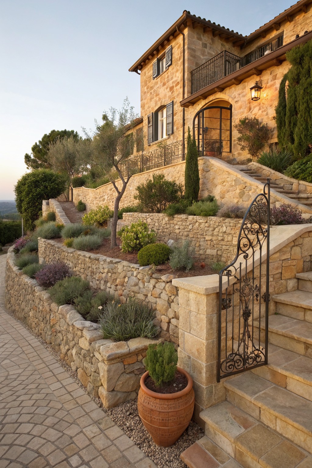Stone house on a hillside with multiple terraced retaining walls planted with olive trees, lavender, shrubs, and perennials, featuring stone stairs and a wrought iron gate at the base.