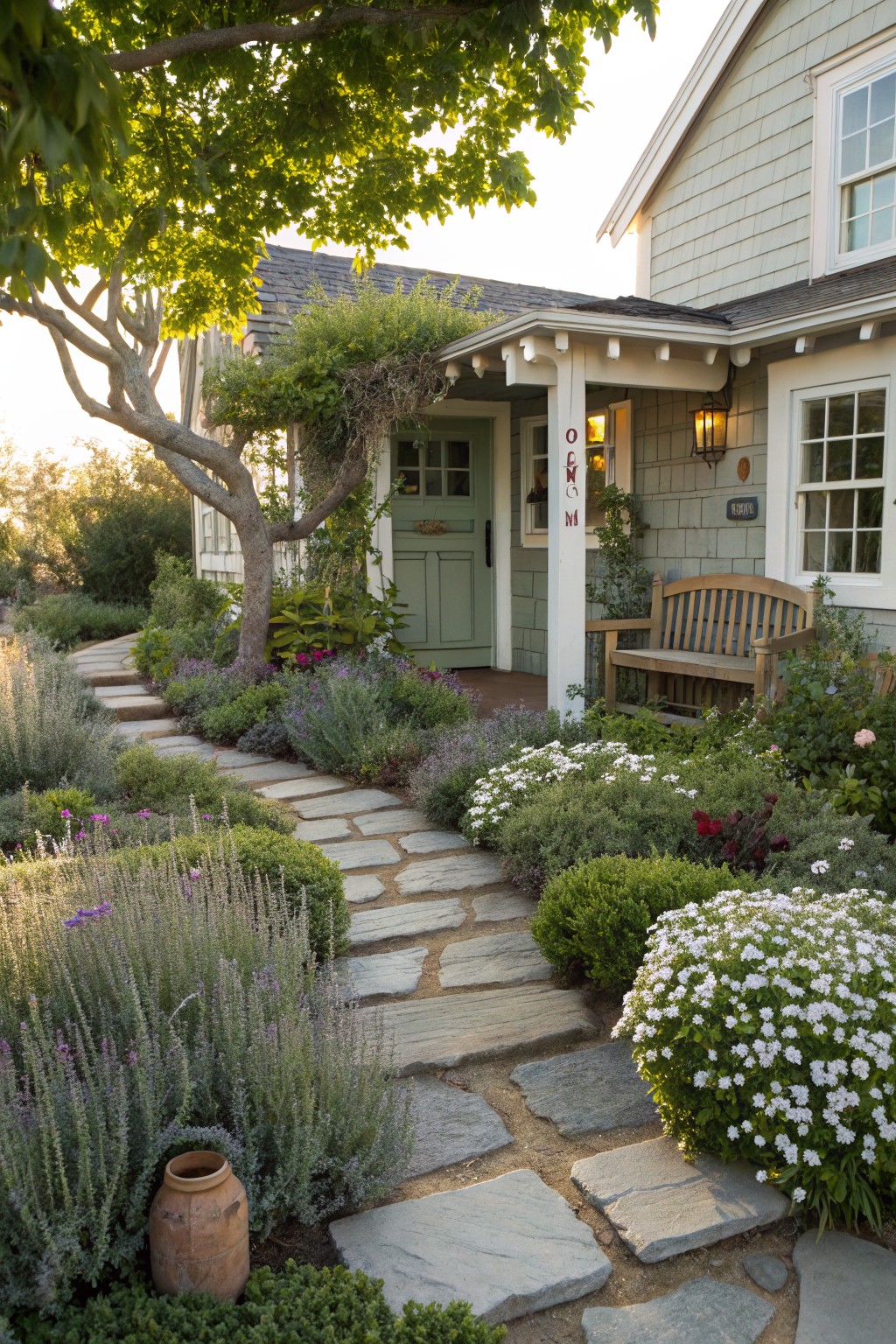 Front yard of a shingle-style house with pale green door and porch, featuring a curving path of irregular gray stone slabs winding through beds of lavender, shrubs, white flowers, and succulents, with a wooden bench and terracotta pot visible.