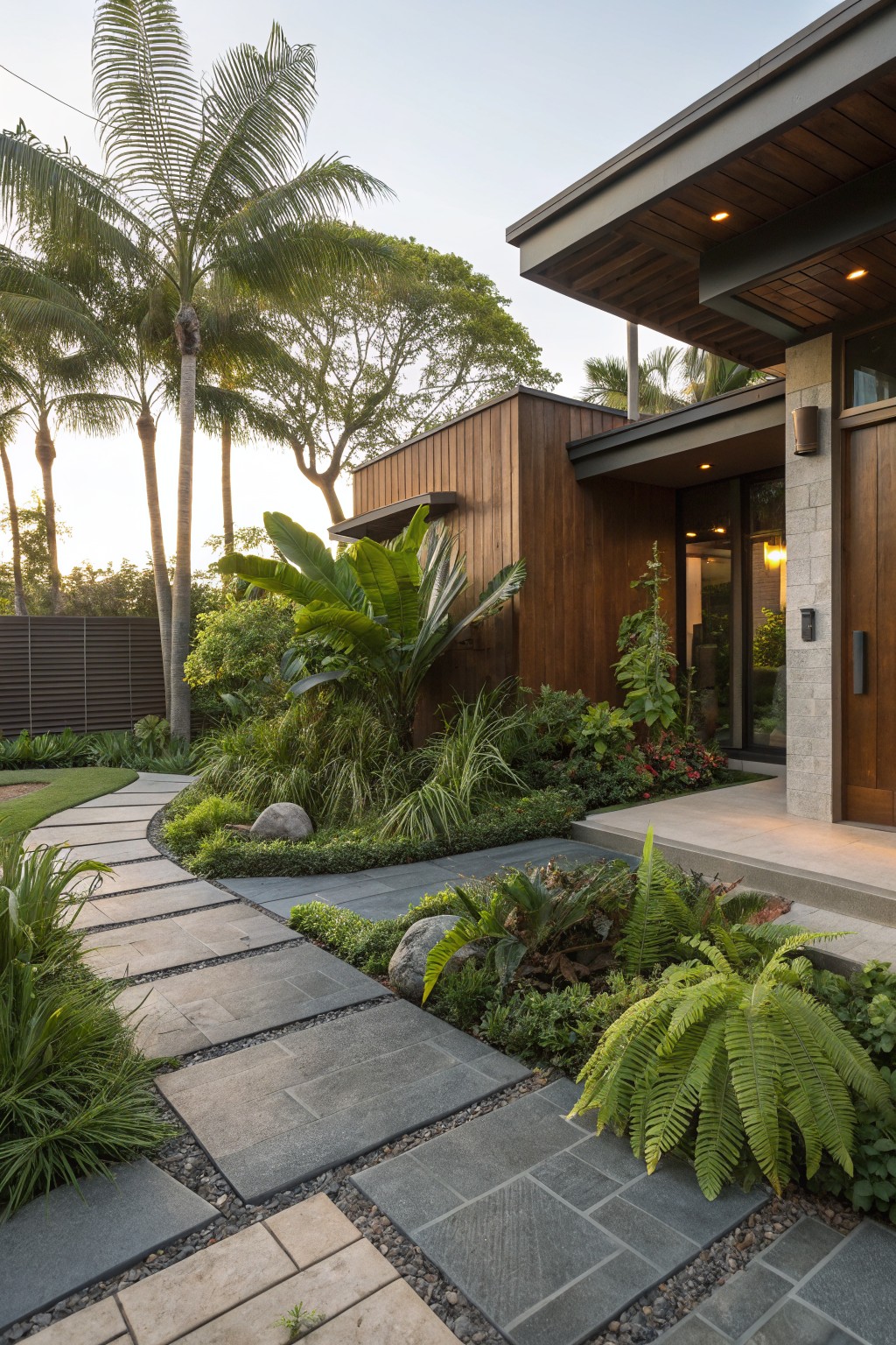 Modern house exterior with dark gray stone pavers forming a curved pathway through lush tropical plantings including palms, ferns, and grasses, leading to a wooden entry door.