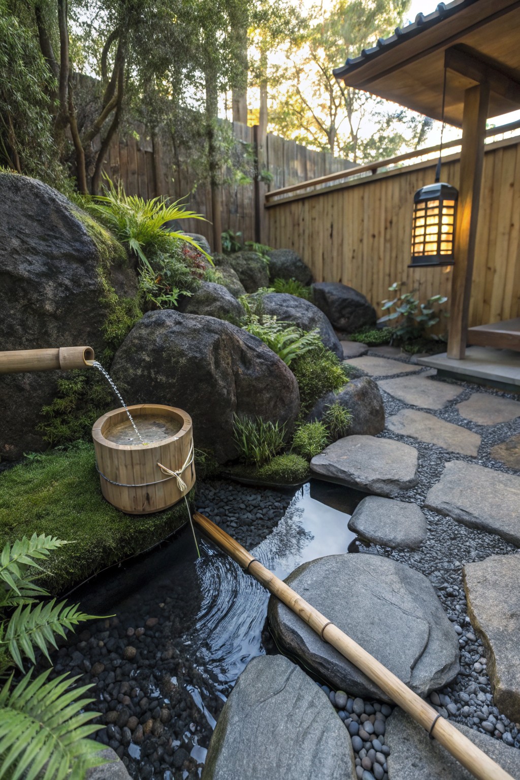 Japanese garden with large moss-covered rocks, bamboo pipe fountain filling a wooden bucket, water spilling into a gravel stream, ferns, stepping stones, wooden fence, and hanging lantern.