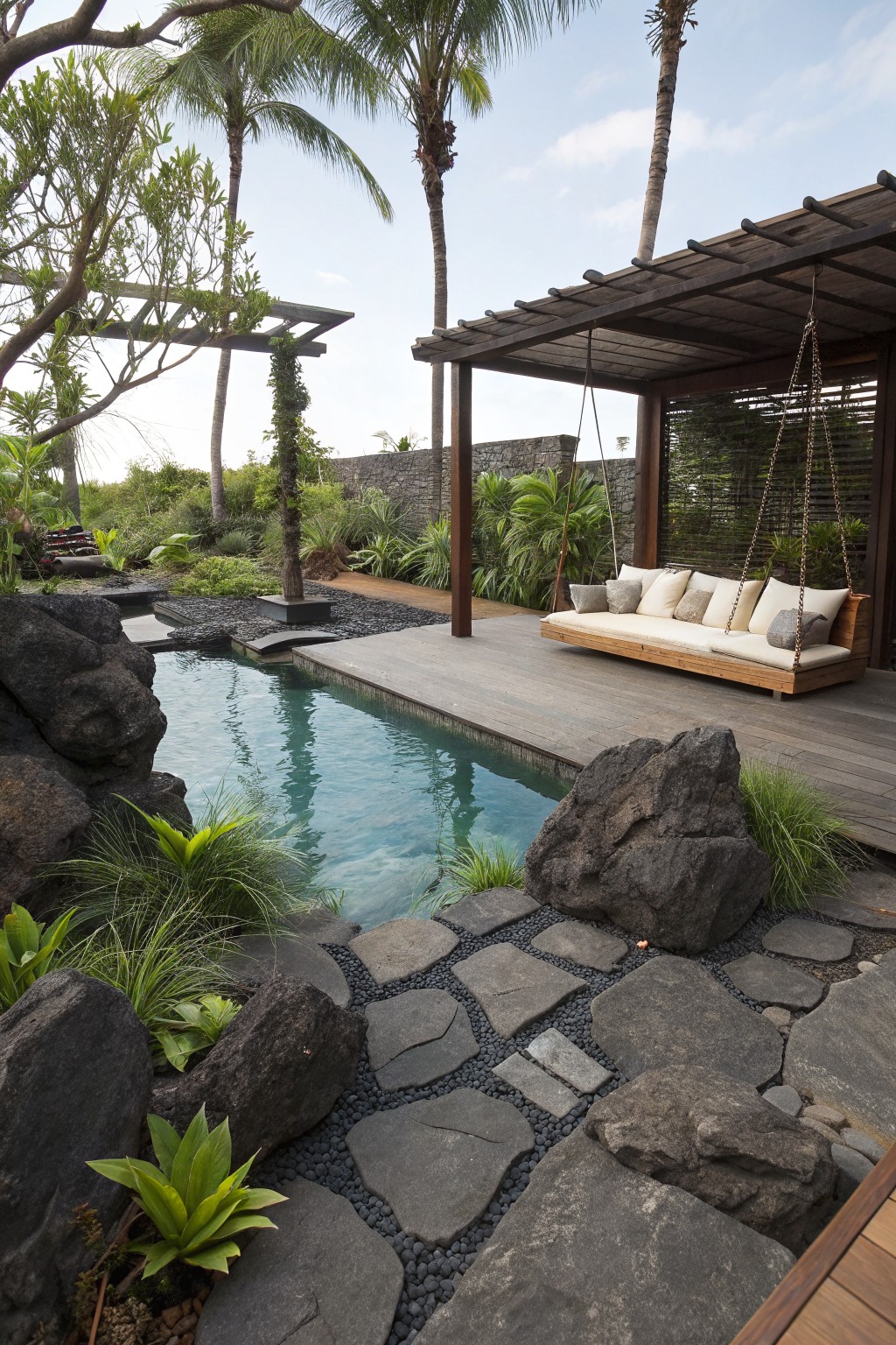 Small turquoise pool surrounded by large dark boulders, black pebble groundcover, and flat stepping stones, adjacent to a wooden deck with a hanging cushioned swing bed, tropical plants and palm trees in the background.