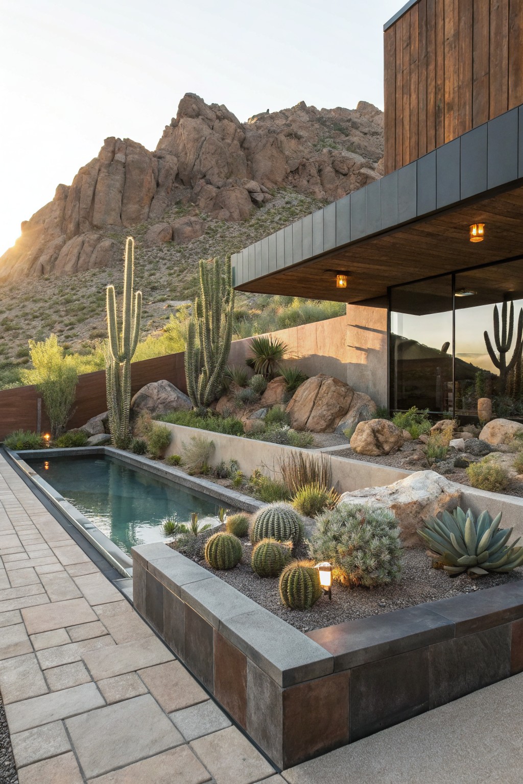 A narrow rectangular pool edged with large boulders and desert plants including cacti and agave, adjacent to a modern house with wood and metal siding against a rocky mountain backdrop at sunset.