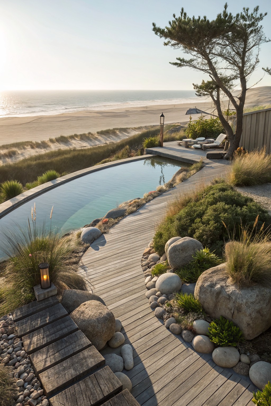Curved wooden deck path edged with large boulders, rounded pebbles, and grasses leading to an infinity-edge pool overlooking dunes, beach, and ocean at sunset.