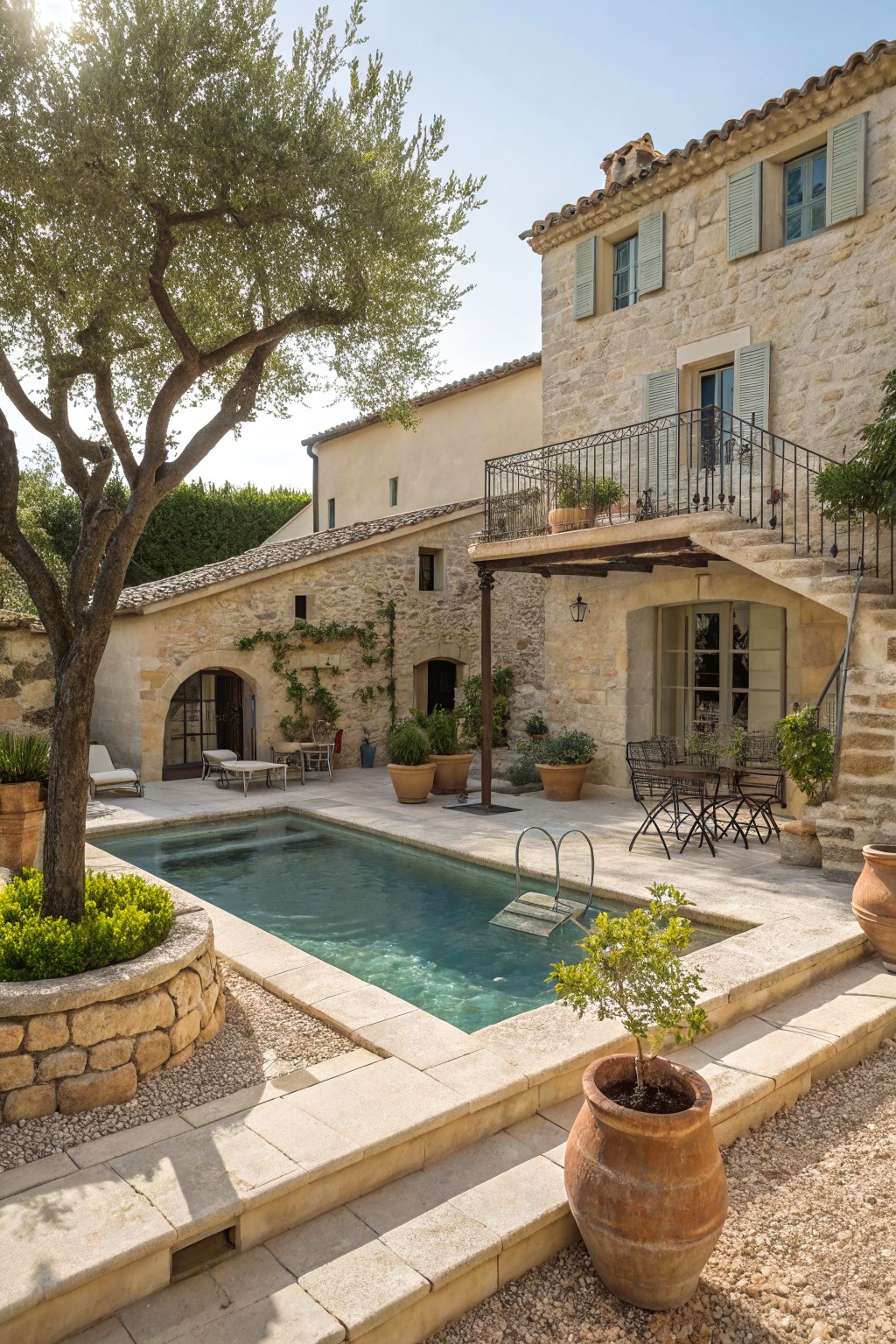 Backyard pool with curved natural stone planter walls at the edge containing an olive tree and shrubs, surrounded by gravel ground cover, large terracotta pots, and adjacent stone house with terrace and seating.
