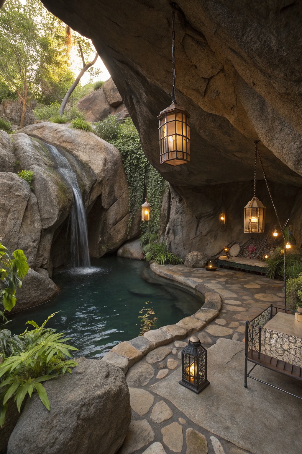 Turquoise pool inside a rocky cave with a waterfall flowing into it, surrounded by hanging lanterns, plants, stone path, and metal furniture with cushions.