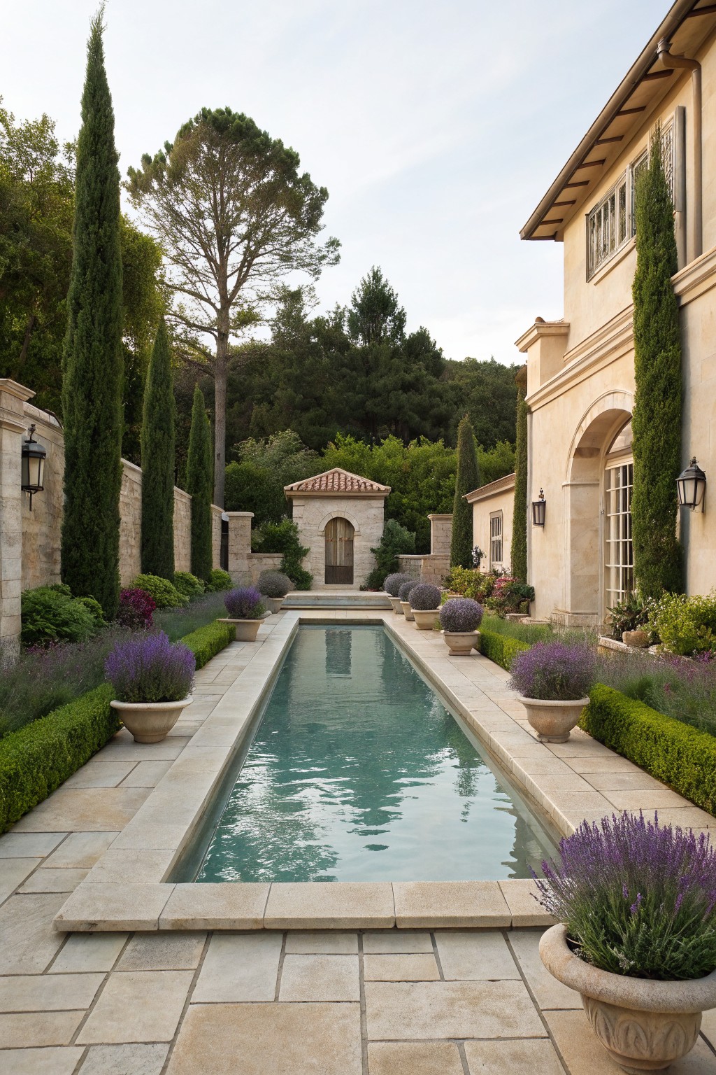 Long narrow pool with turquoise water, flanked by lavender plants and boxwood hedges in stone-bordered beds, low stone walls, tall cypress trees, and a beige stucco house on a stone-paved deck.