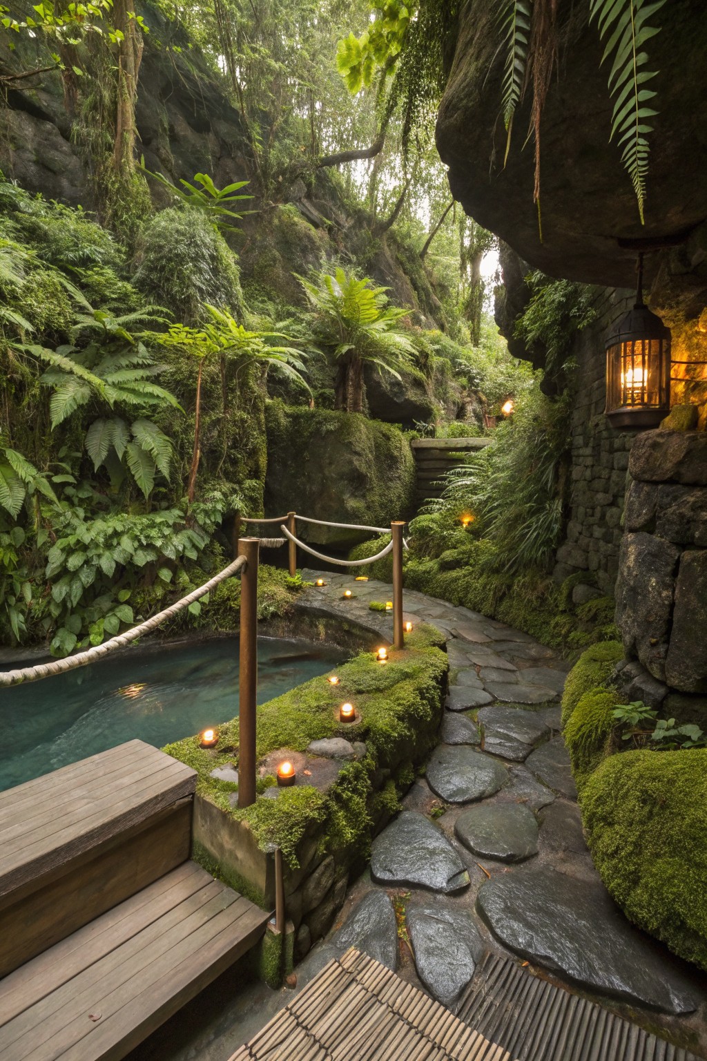 Turquoise pool in a lush rocky gorge with moss-covered stone paths, wooden railings, ferns, and lanterns.