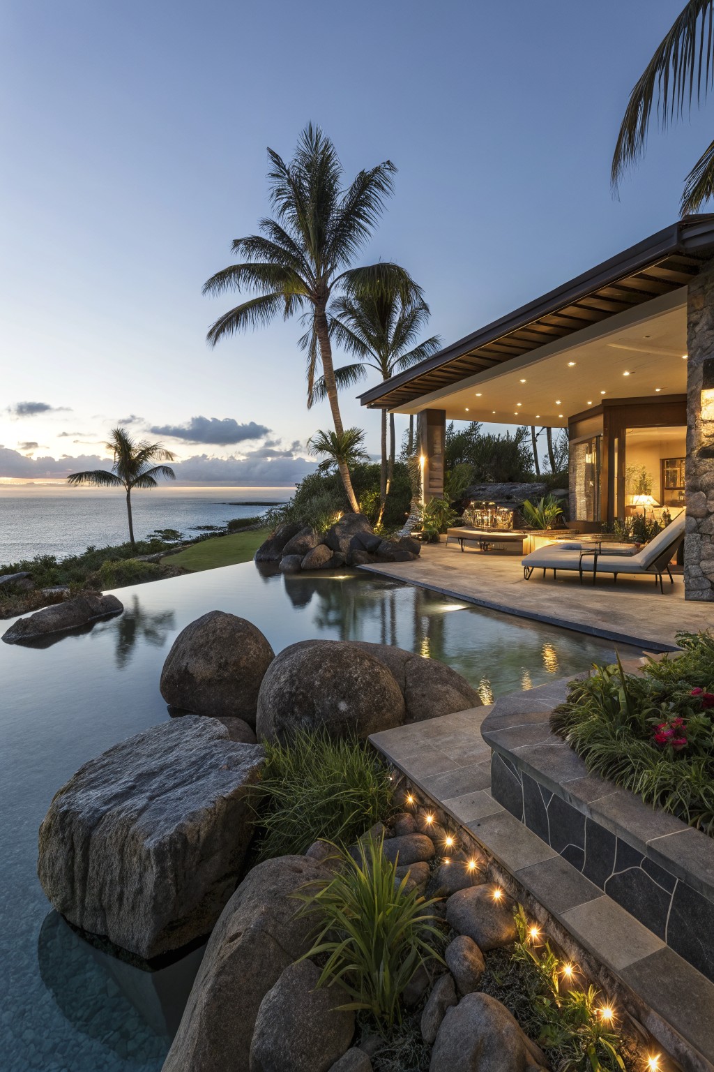 Infinity-edge pool surrounded by large rugged boulders, with a stone patio deck, lounge chairs, tropical plants, palm trees, and ocean horizon at twilight.