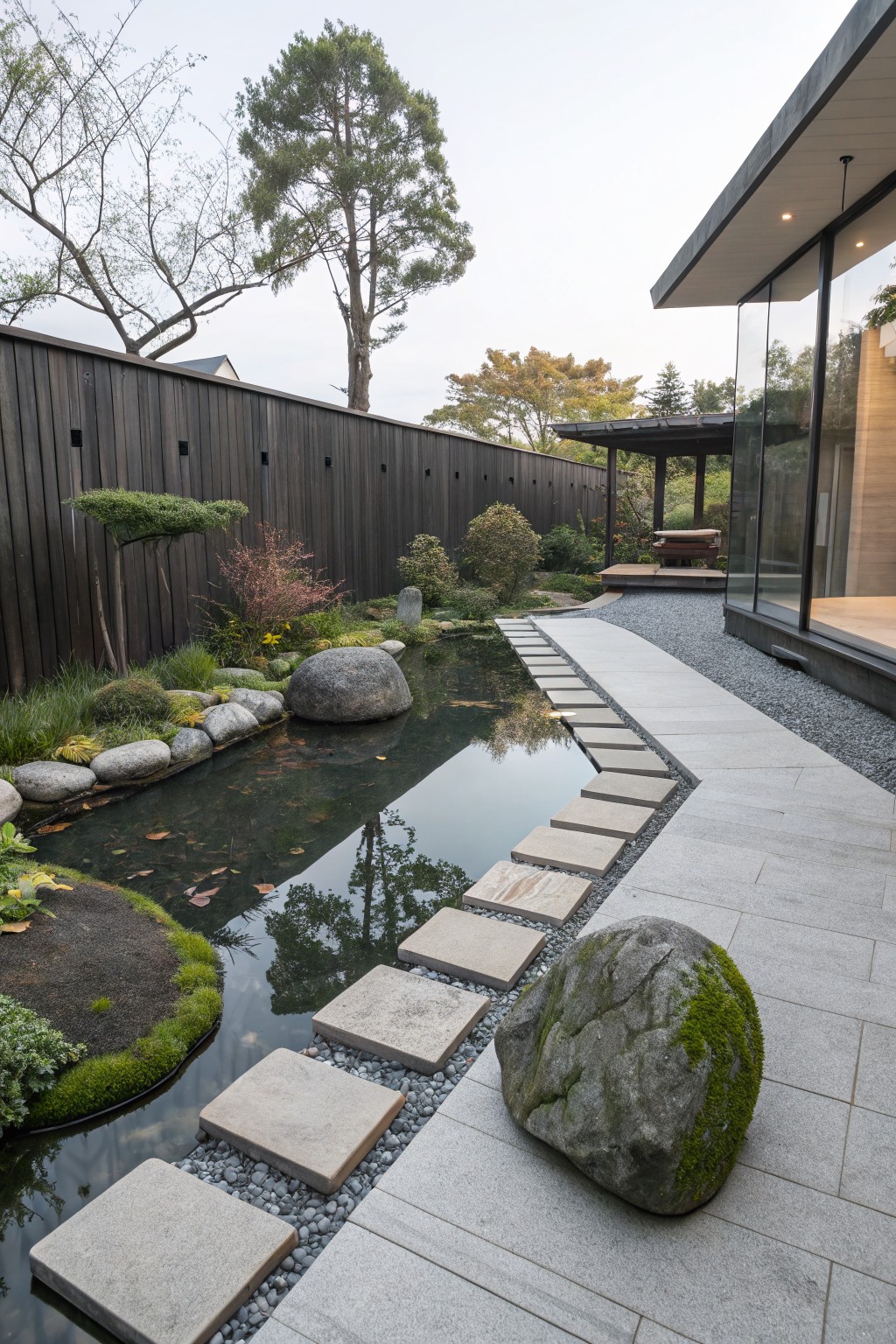 Zen-style garden featuring a pond edged with rocks and plants, a stepping stone path crossing the water, large mossy boulder on a stone walkway, and adjacent modern glass-walled house.