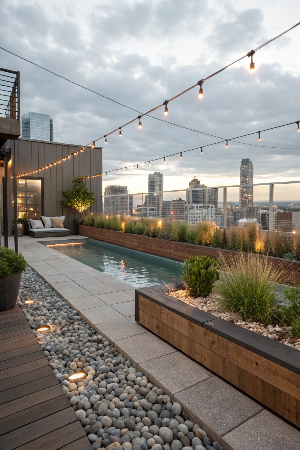 Rooftop terrace with narrow rectangular pool, pebble stone paths along wooden decking, wooden planters with ornamental grasses, low daybed seating, string lights overhead, and city skyline in background.